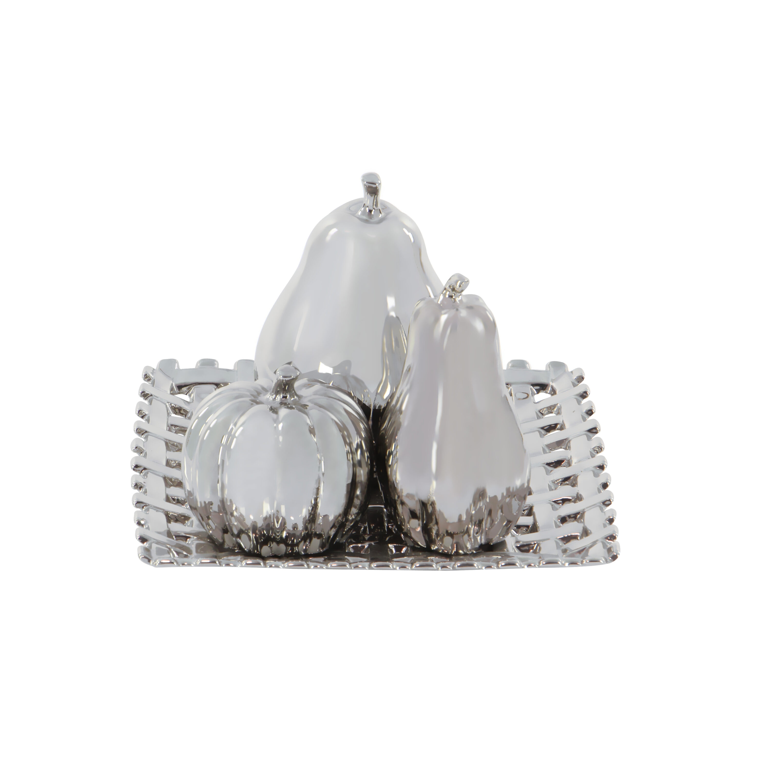Silver Ceramic Fall Fruit Sculpture Set with Decorative Grid Plate