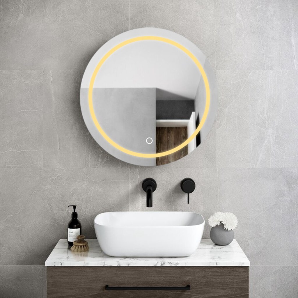 AAZJ AO 25-in x 26-in Lighted LED Fog Free Surface Mount Silver and Black Mirrored Round Medicine Cabinet