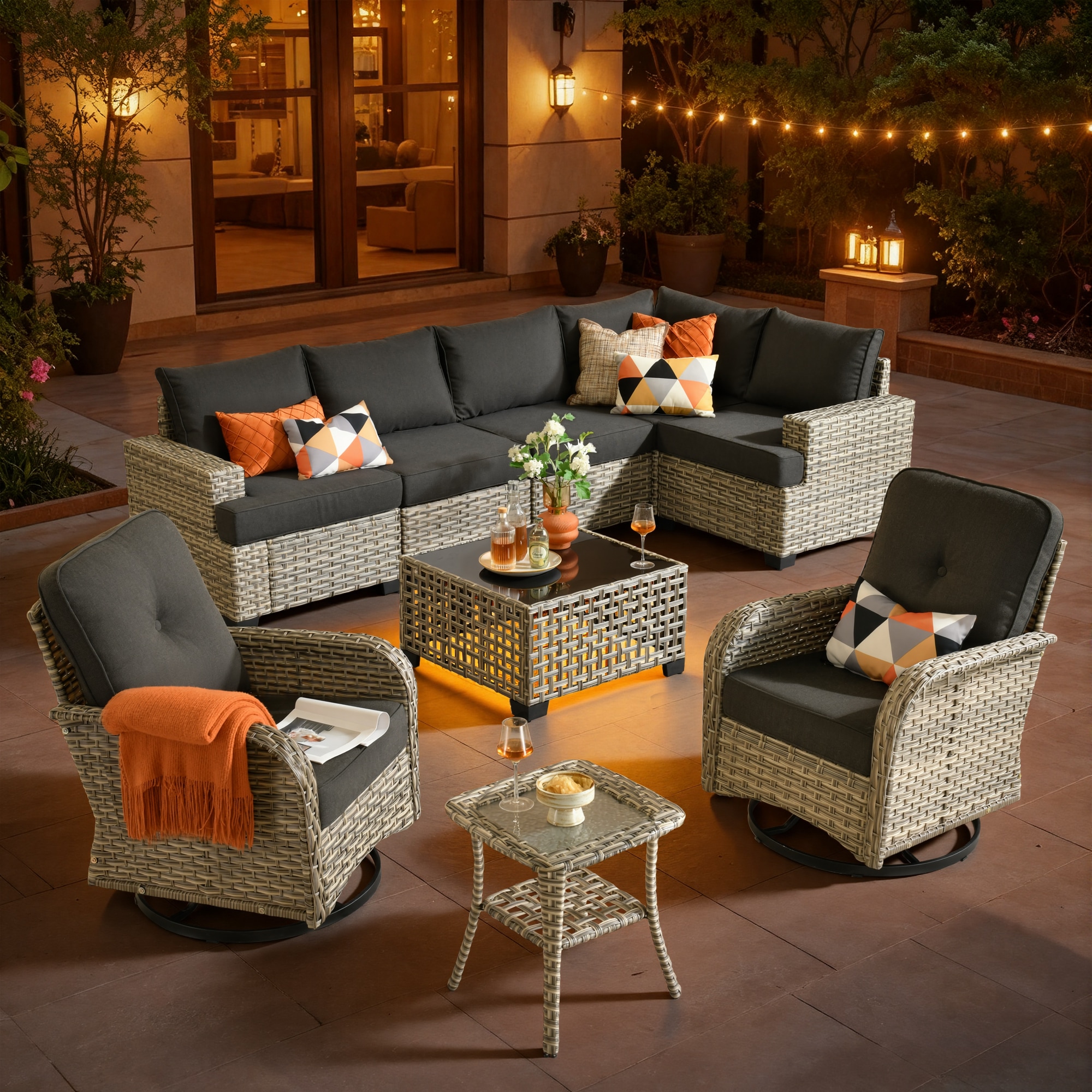 Pouuin SVYZBS100-9 Wicker Outdoor Sectional with Black Cushions and Steel Frame