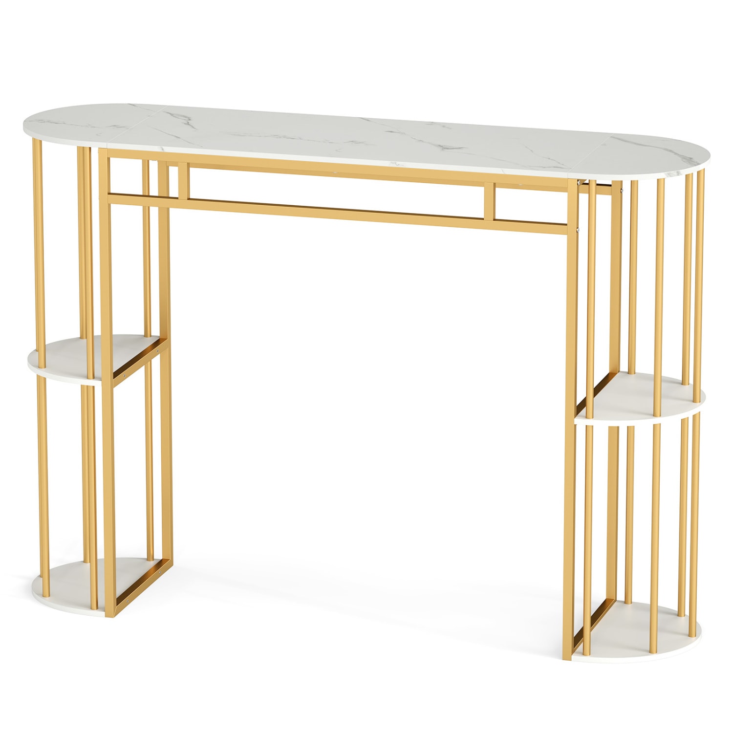 Slickblue Rectangular Bar Height Storage Table with Two Tier Semi Circular Side Shelves for Kitchen Dining Room Living Area 60 in W x 42 in H White and Golden/ Black