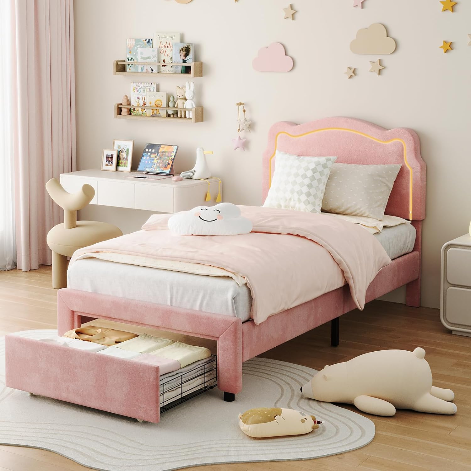 Qeetex LHF-BED-PHO-15JXXVZ9 Twin Upholstered Smart LED Bed Frame with Adjustable Bear Headboard Storage Drawer Velvet Princess Platform Bed Frame for Kids/Girls Wooden Slats Support No Box Spring Needed Pink