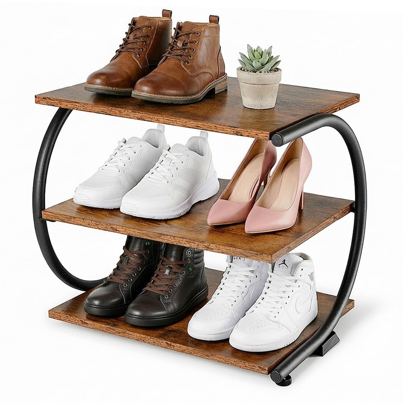 MOEPISY 3 Tier C Shaped Compact Shoe Storage Rack Curved Metal Frame Wooden Shelves Adjustable Feet Space Saving Shoe Organizer 17 Inch Wide for Entryway Closet Hallway Bedroom Mudroom