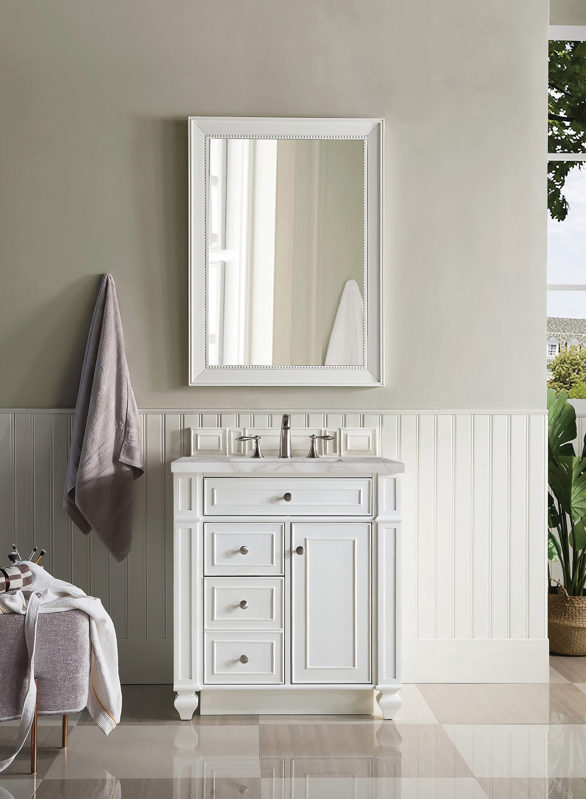 Bright White MDF Single Freestanding Bathroom Vanity with Backsplash
