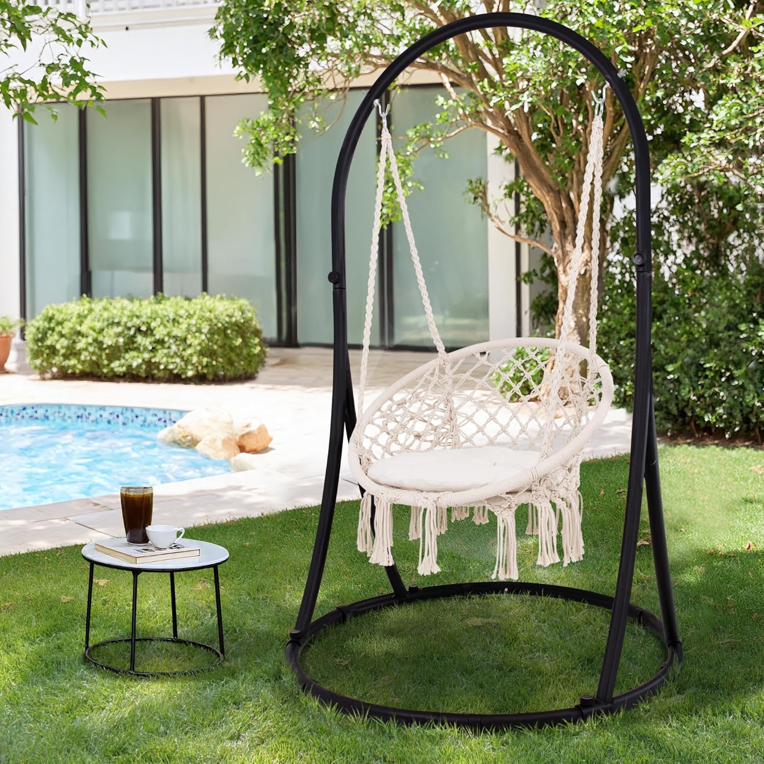 SUNCREAT Hammock Chair with Stand Included Heavy Duty Hanging Chair with Stand 330 lbs Capacity Patent Pending Beige