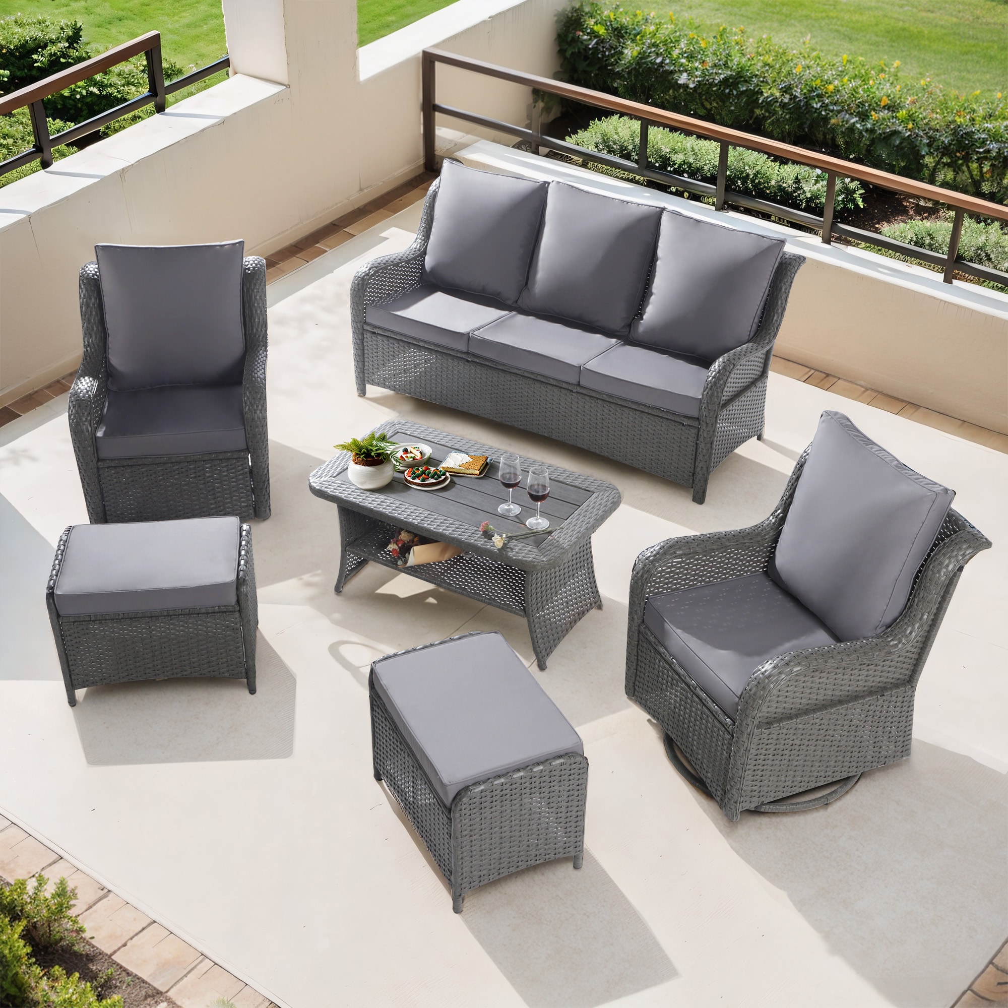 NOBLEMOOD LS-2022GR Patio Conversation Sets 6 -Piece Rattan Patio Sofa Conversation Set with Gray Cushions