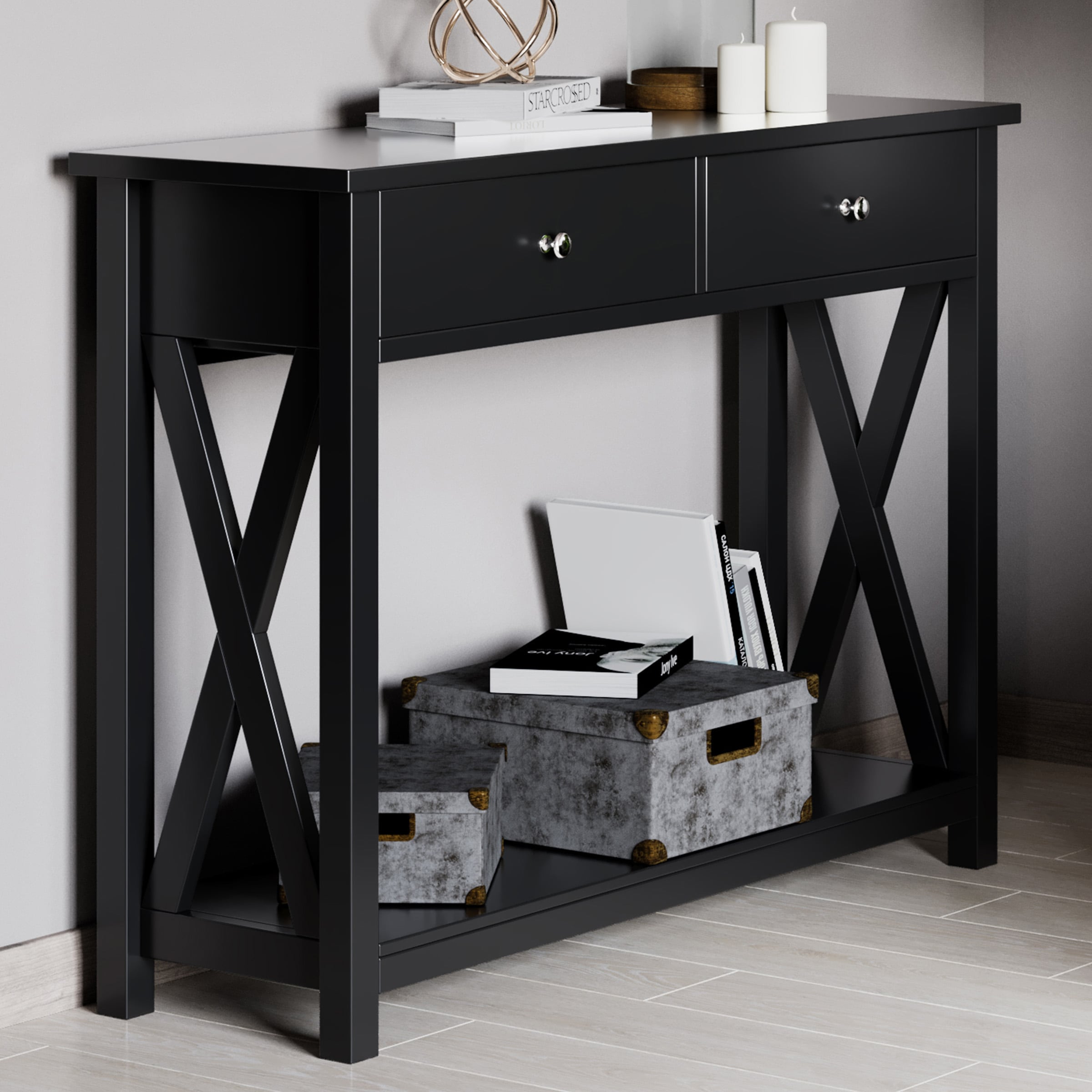 Lavish Home 80-ACTBL-DDSHXSD-BK Modern Wood Black 14-in W x 31.75-in H Console table with Drawers