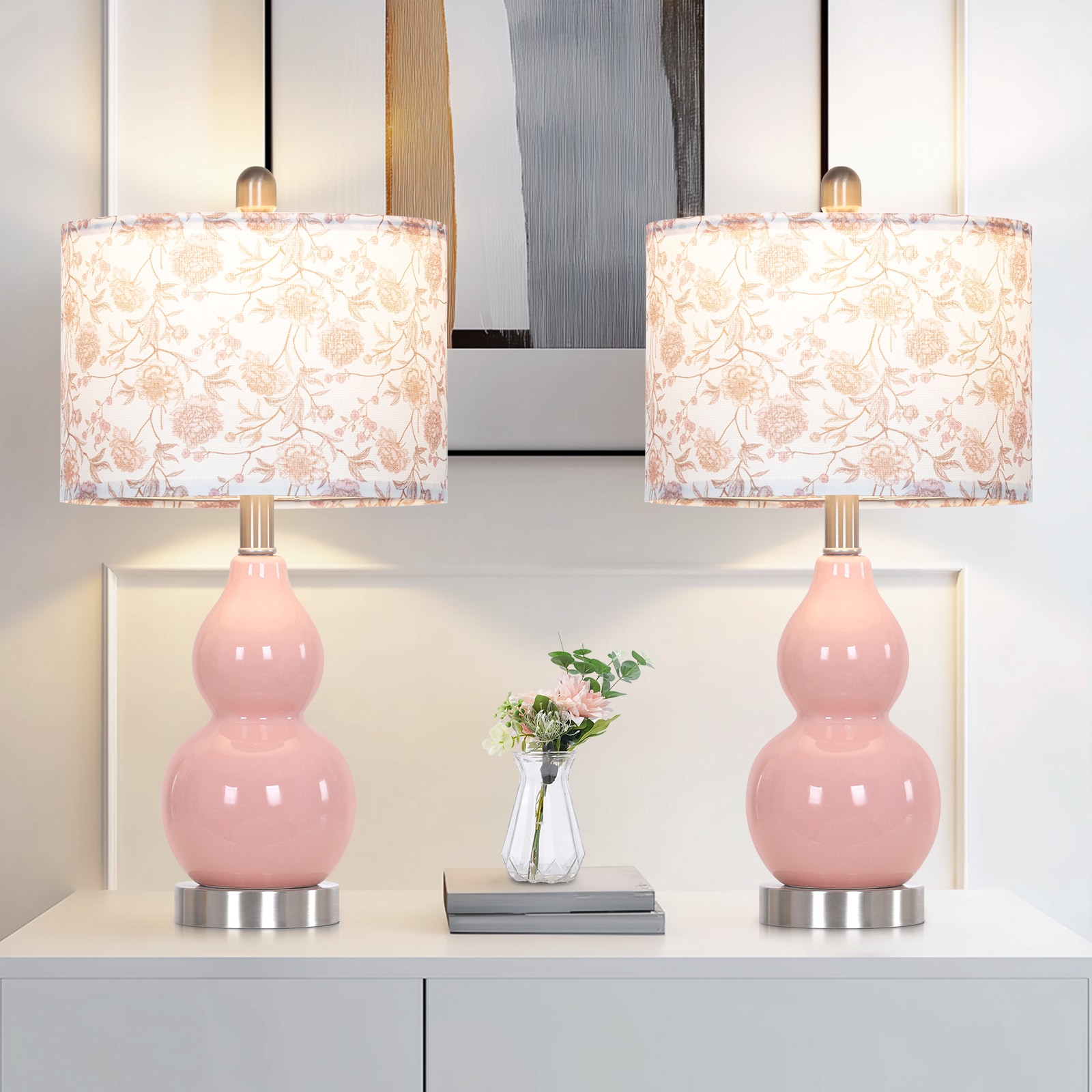 UrFurnishings TD-442 Modern 22-in Patterned-Pink LED Rotary socket Table Lamp with Linen Shade 2 -Set