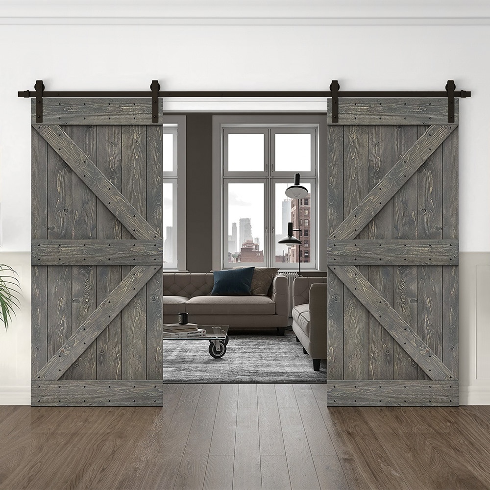 CALHOME 72-in x 84-in Weather Gray X-frame Pine Wood Double Barn Door ...