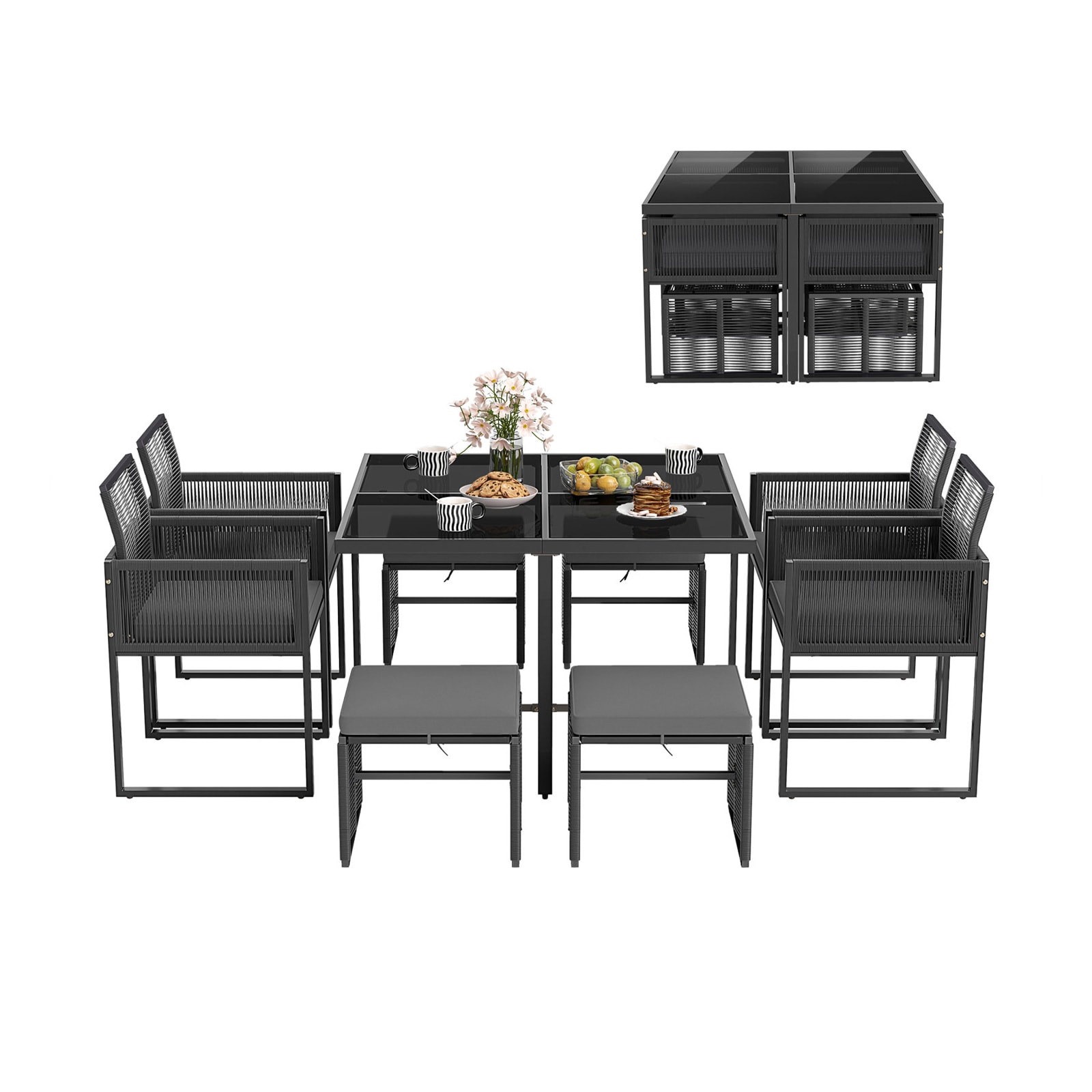 AA583GR 9 -Piece Black Rattan Patio Dining Set Iron Square Table with 4 Gray Cushions Stationary Chairs