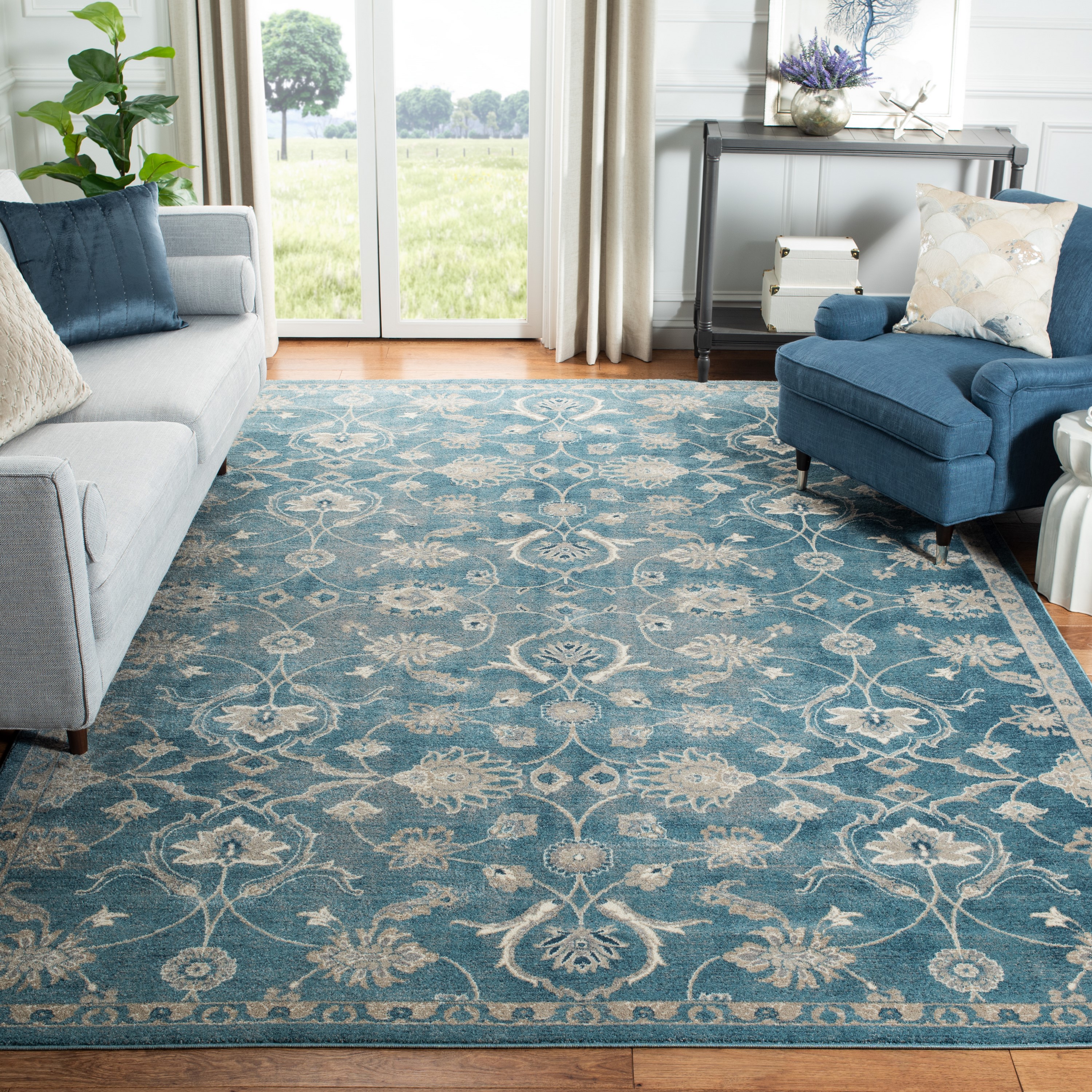 Vinyl Area Rug With Moroccan Tiles Design in Blue and Beige. 