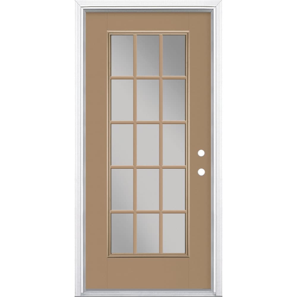 Masonite 1218817 36-in x 80-in x 4-9/16-in Fiberglass Full lite Left-hand inswing Warm Wheat Painted Prehung Front Door with Brickmould Insulating core with Grilles