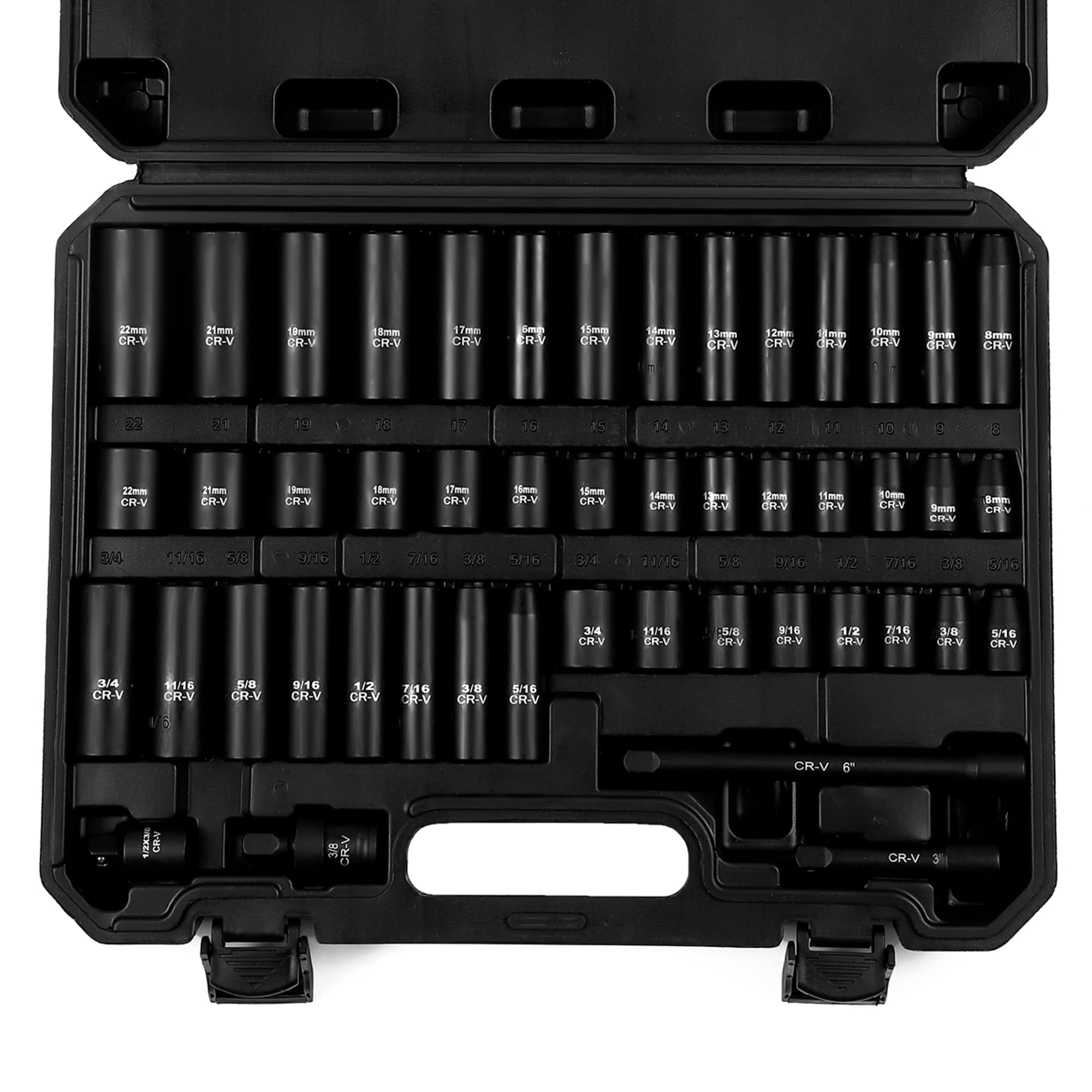 Justincity  48 Piece 3 8 Drive Socket Set SAE 5 16 to 3 4 and Metric 8mm to 22mm Deep and Shallow Sockets Extension Bars Universal Joint Half to