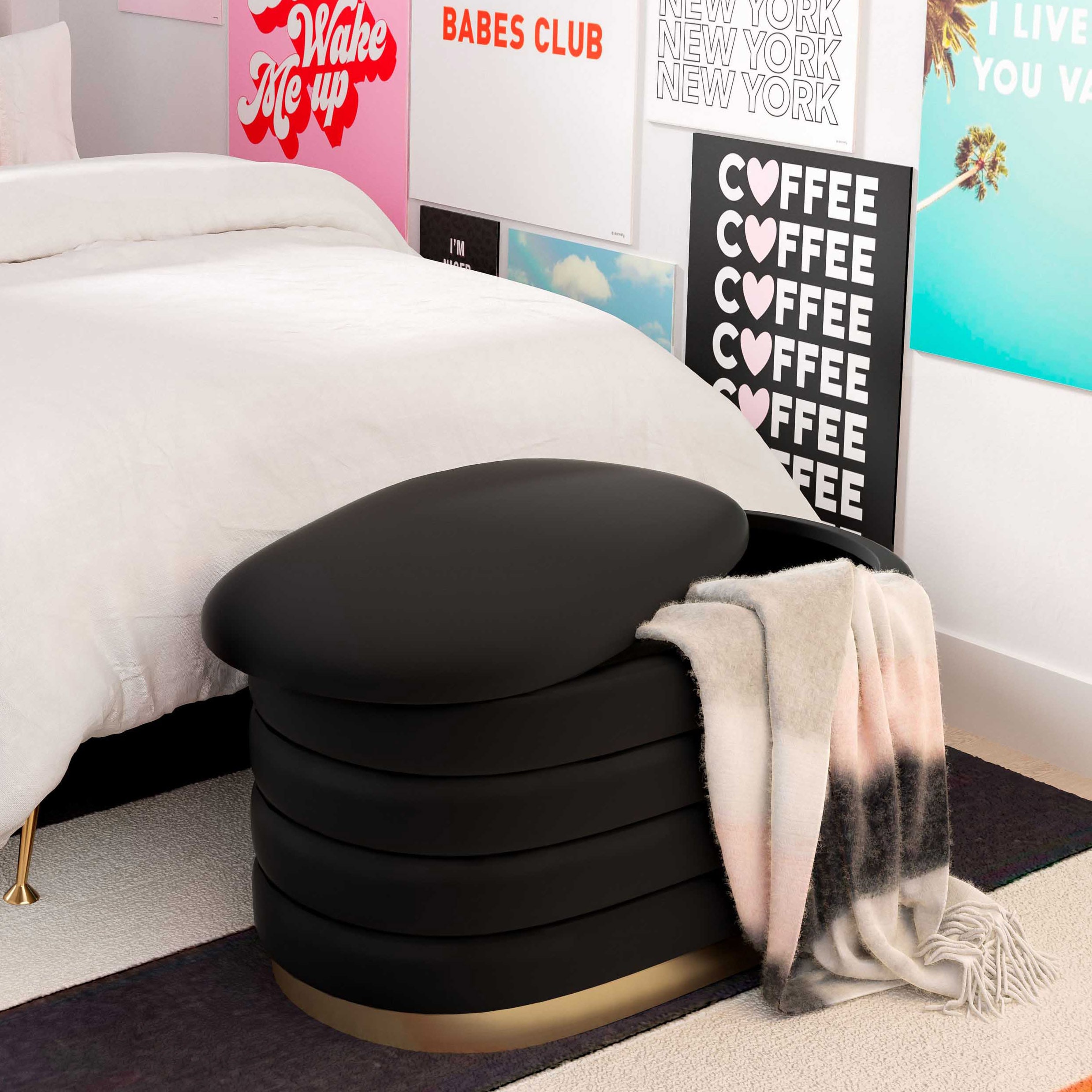 Contemporary Black Velvet Storage Bench with Gold Base