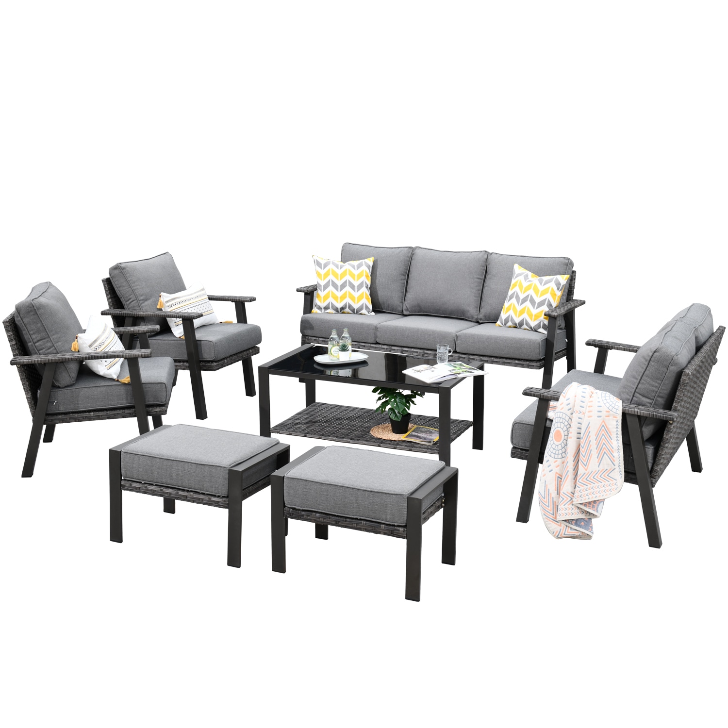 XIZZI XIHWF203 Taurus 8 -Piece Wicker Patio Sofa Conversation Set with Gray Cushions