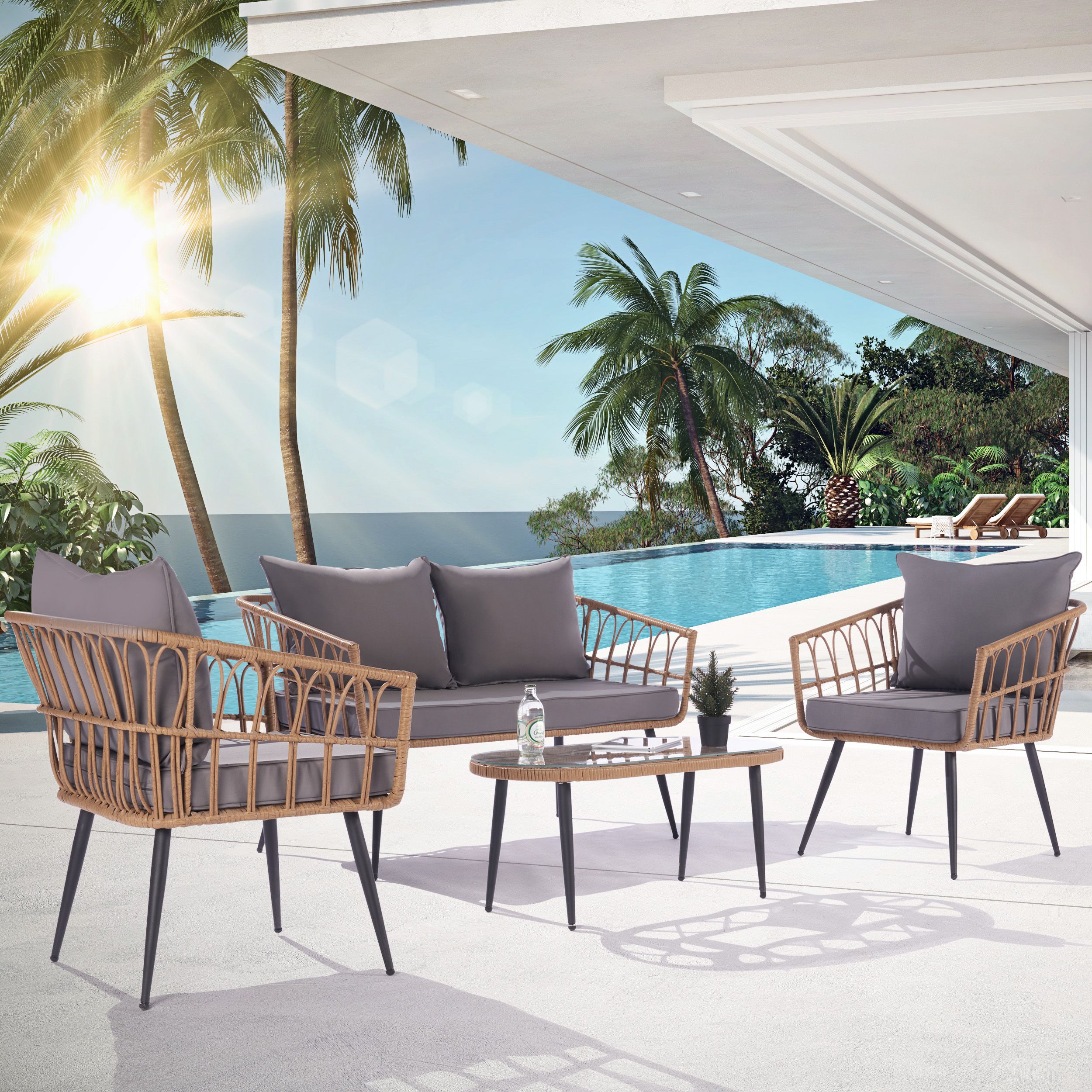 SANSTAR LRS-DS72LY Patio Coversation Set 4-Piece Wicker Patio Conversation Set with Gray Polyester Cushions
