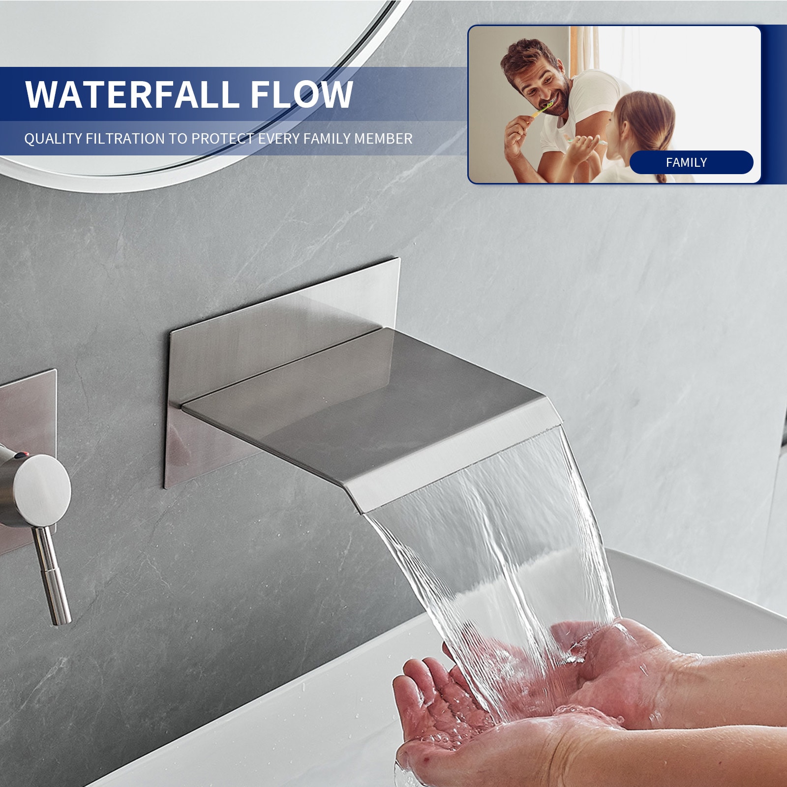 Brushed Nickel Wall Mount Waterfall Bathroom Faucet with Lever Handle
