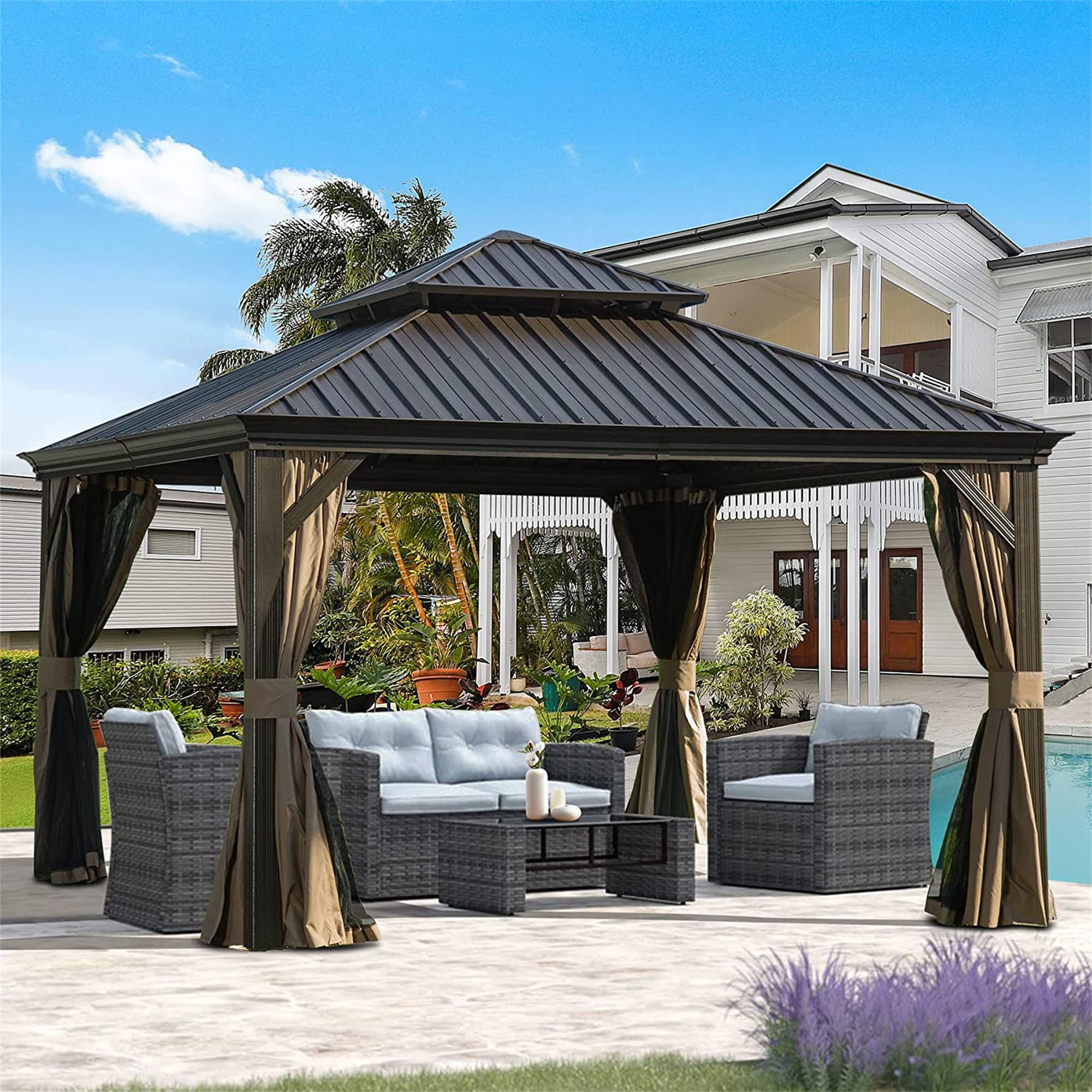 Mondawe 12-ft x 12-ft Square Brown Metal Steel Roof Gazebo with Screen ...