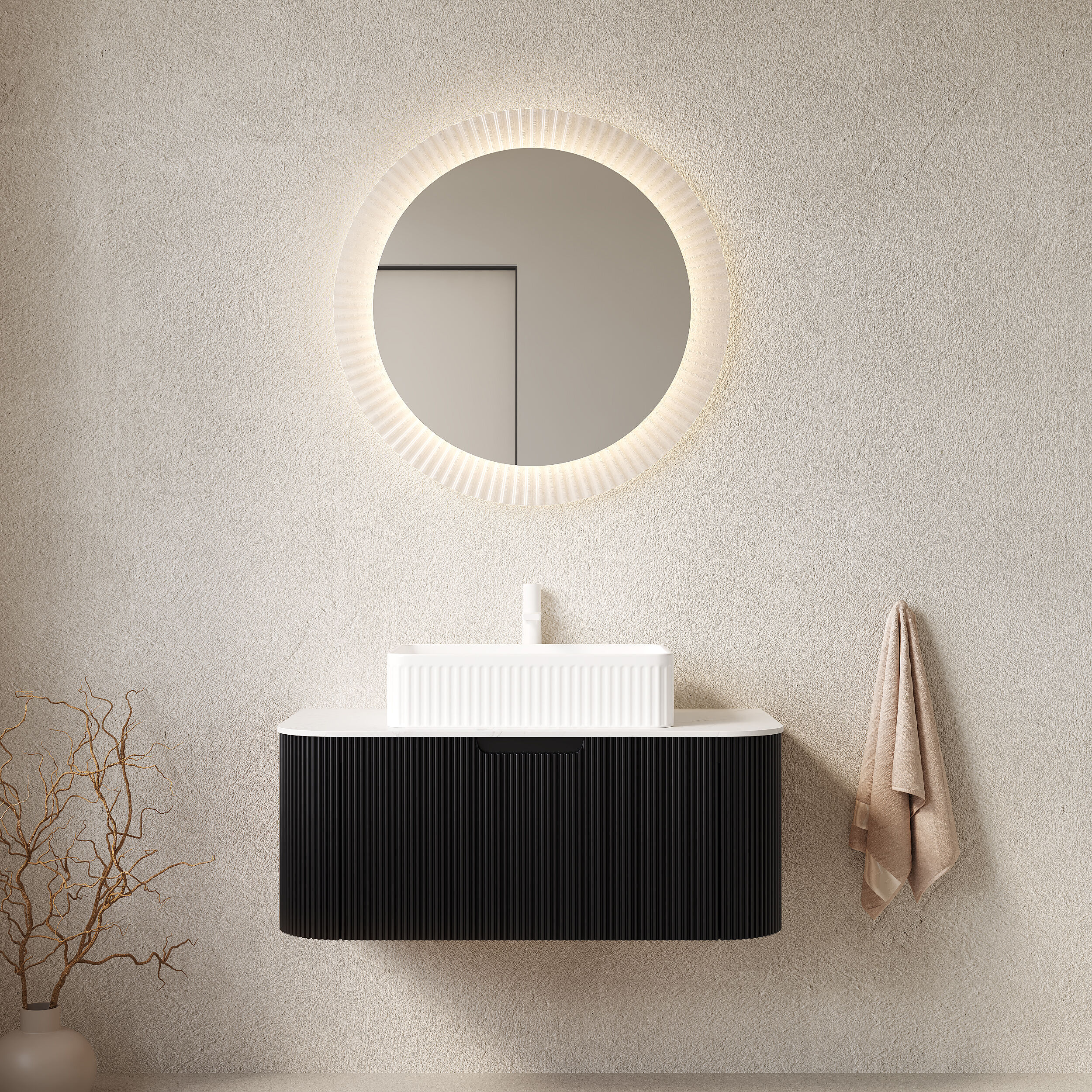 GDFStudio - Dina Modern 36 in Floating Wall-Mounted Curved Edges Striped Storage Cabinet with Dra...