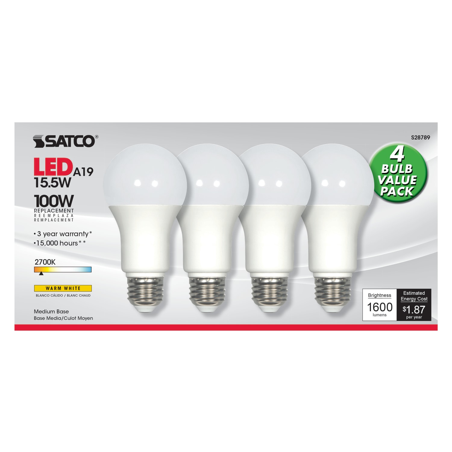 SATCO NUVO Satco A19 E26 (Medium) LED Bulb Warm White 100 Watt Equivalence 4 pk