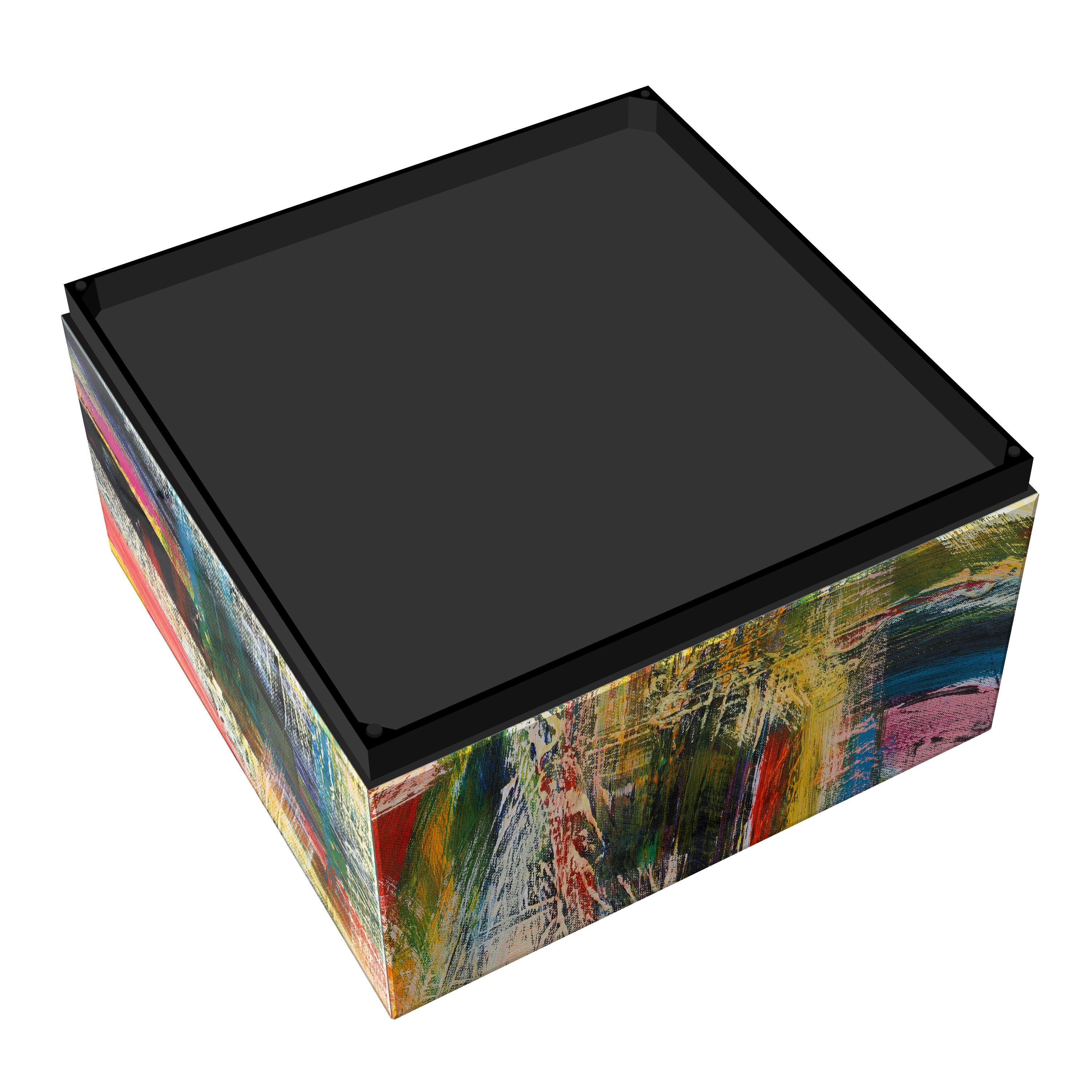 Abstract Multicolor Glass and Wood Cocktail Table