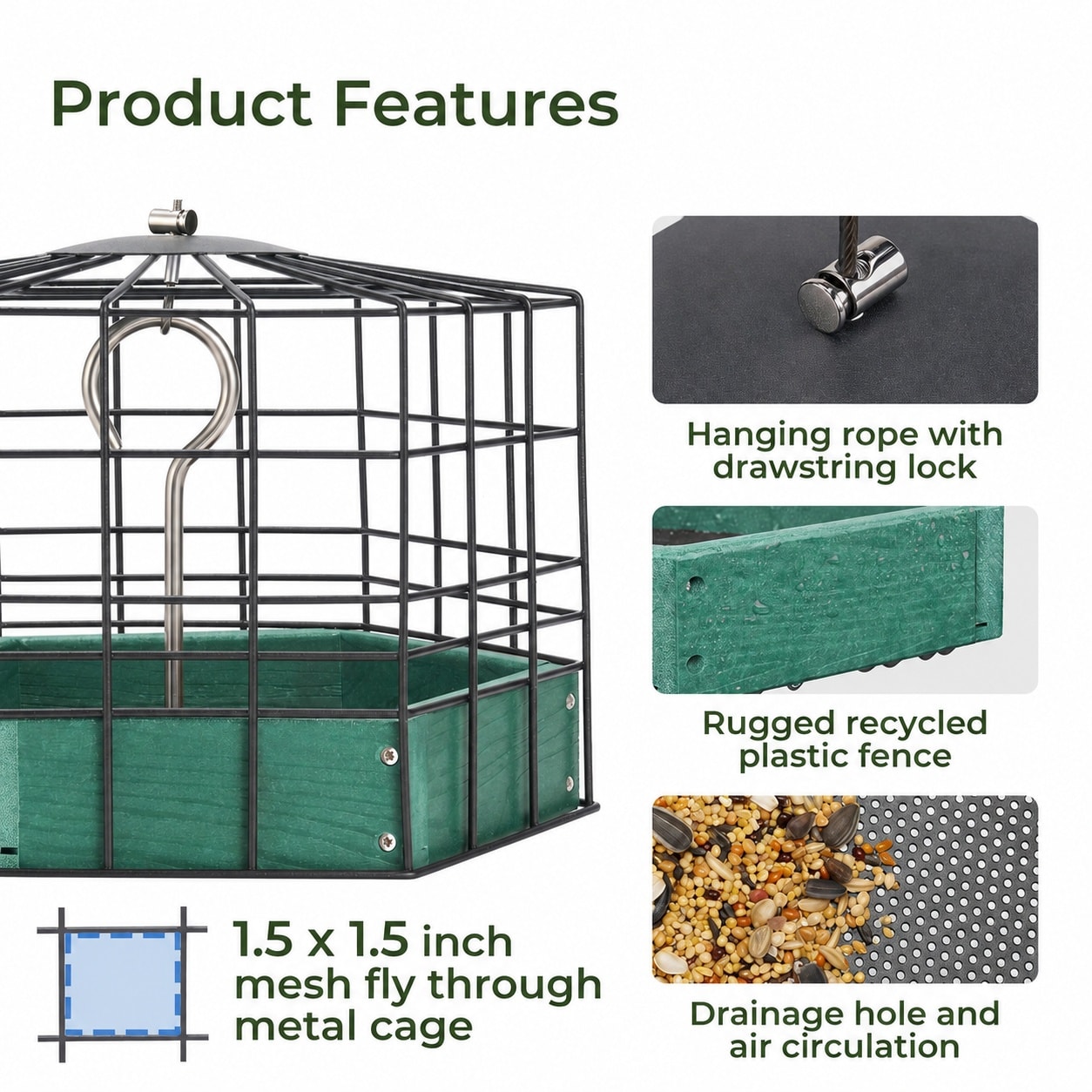 Aoibox Squirrel proof 10 in wide green metal caged platform bird feeder