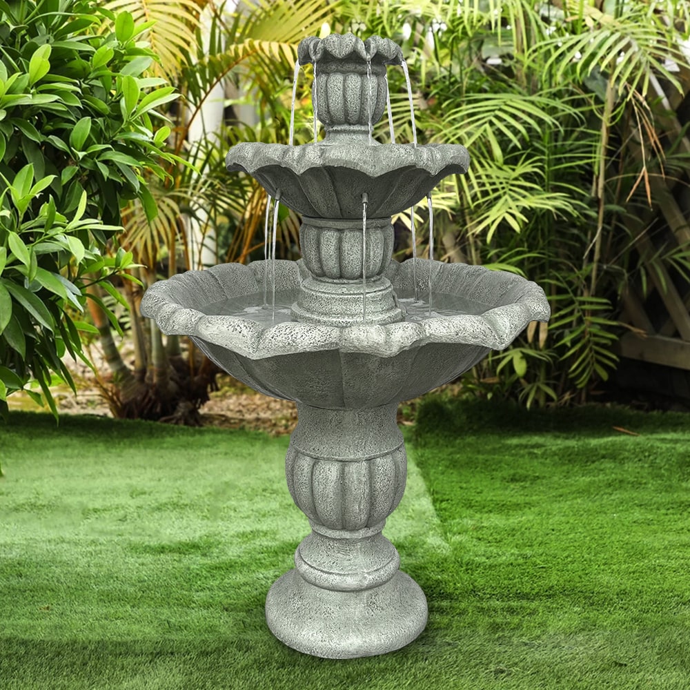 Watnature 39.3-in H Concrete Tiered Outdoor Fountain With Birdbath Pump 