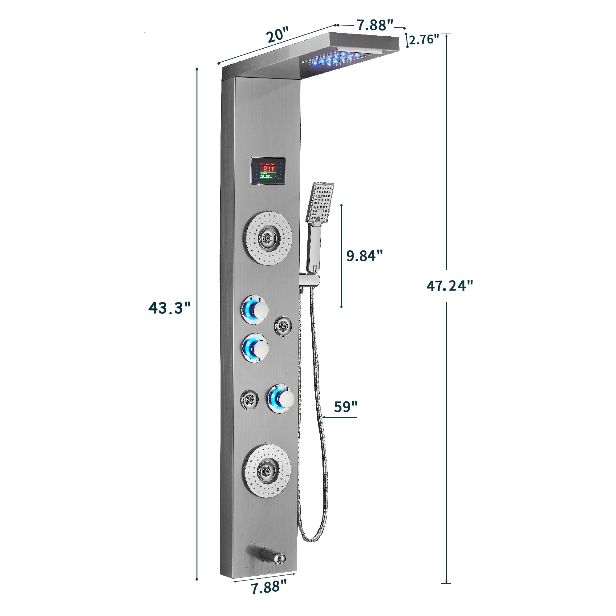 FURUISI 45 in SP Brushed Nickel 20.08-in Waterfall Dual Head Shower ...