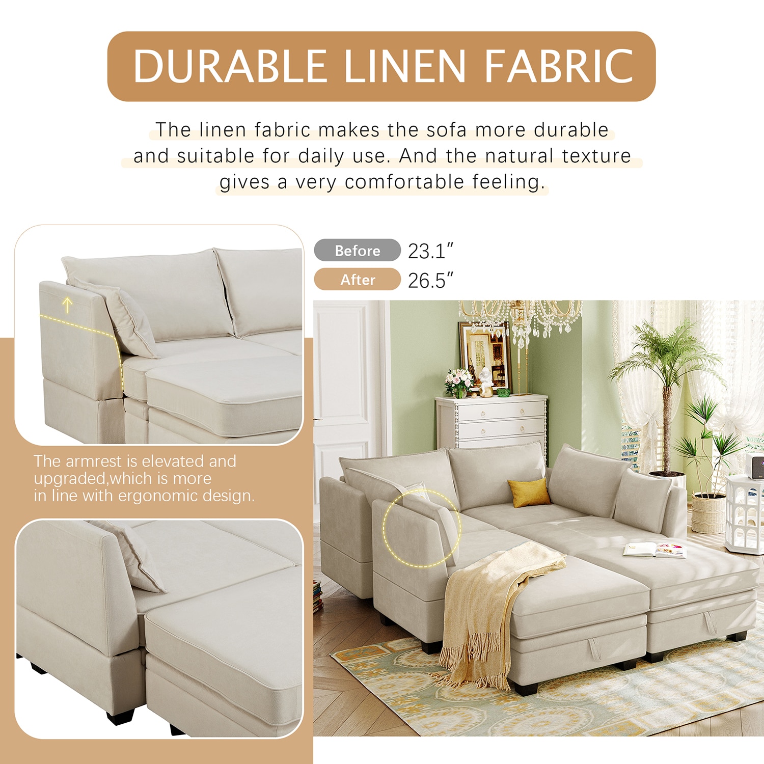 Bybafun 115.1-in Modern Beige Linen 6+-seater Reclining Sectional In ...