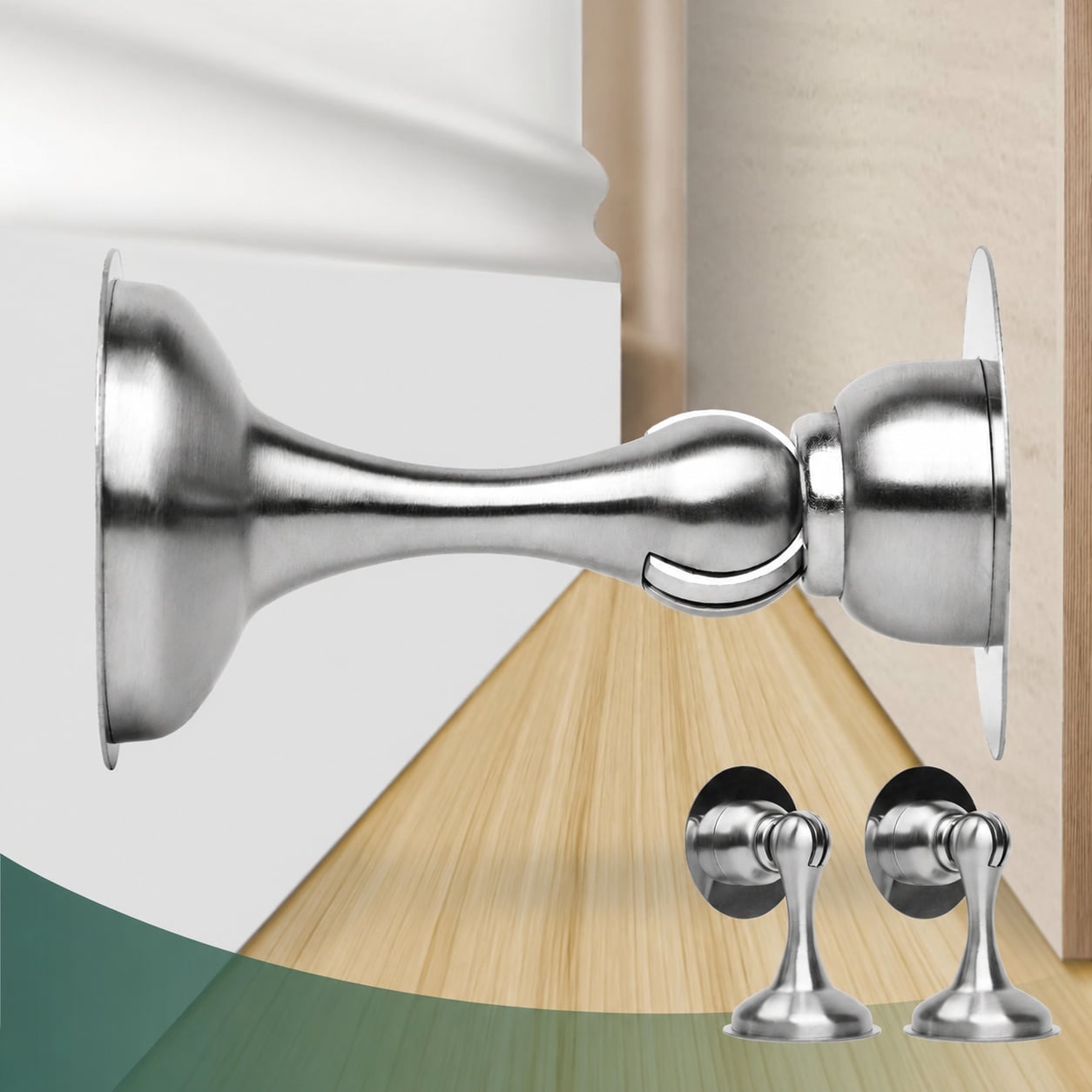UUDULY  Magnetic Door Stoppers Two Pack Stainless Steel Door Stops for Wall and Floor Mounting with Strong Magnetism and Adhesive Tape in Silver