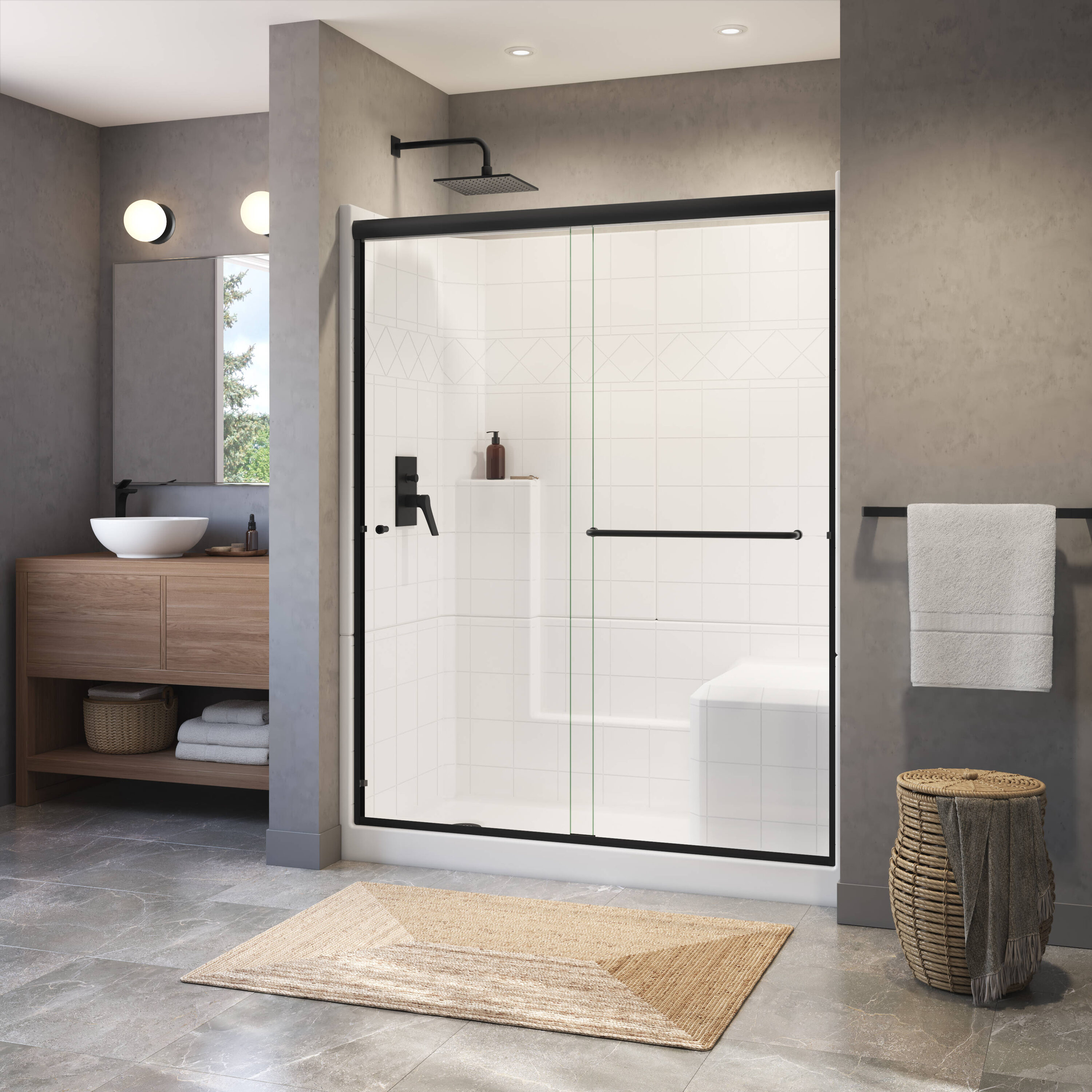 Laurel Mountain Atwood 4 -Piece 33-in W x 60-in L x 77-in H Rectangular Alcove shower kit ( Left Drain) with Integrated Seat Base, Wall, Door and Drain Included Black Hardware Included #LM6032SH1S3PRWM1