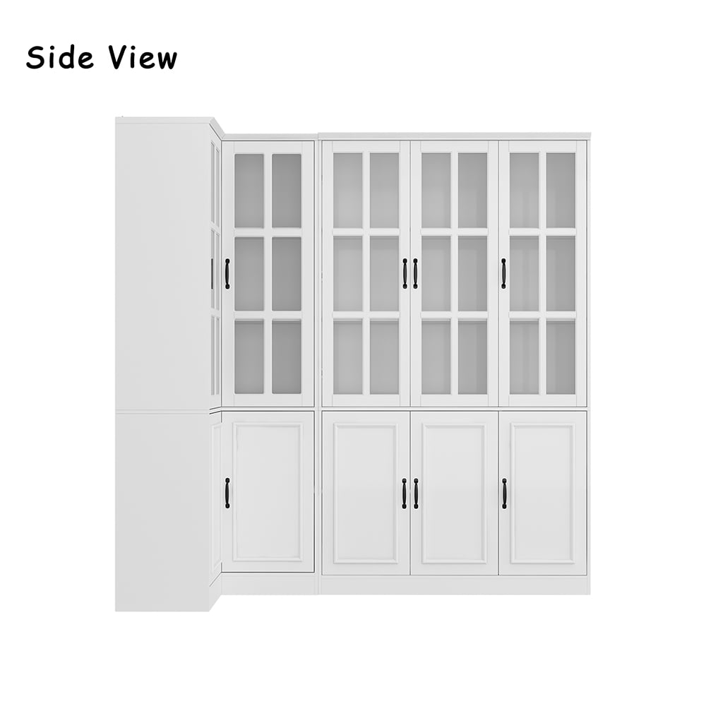 Homsee V-KF020489+320 L Shaped Corner Bookcase with Glass Doors and Adjustable Shelves White Storage Cabinet with Multiple Compartment