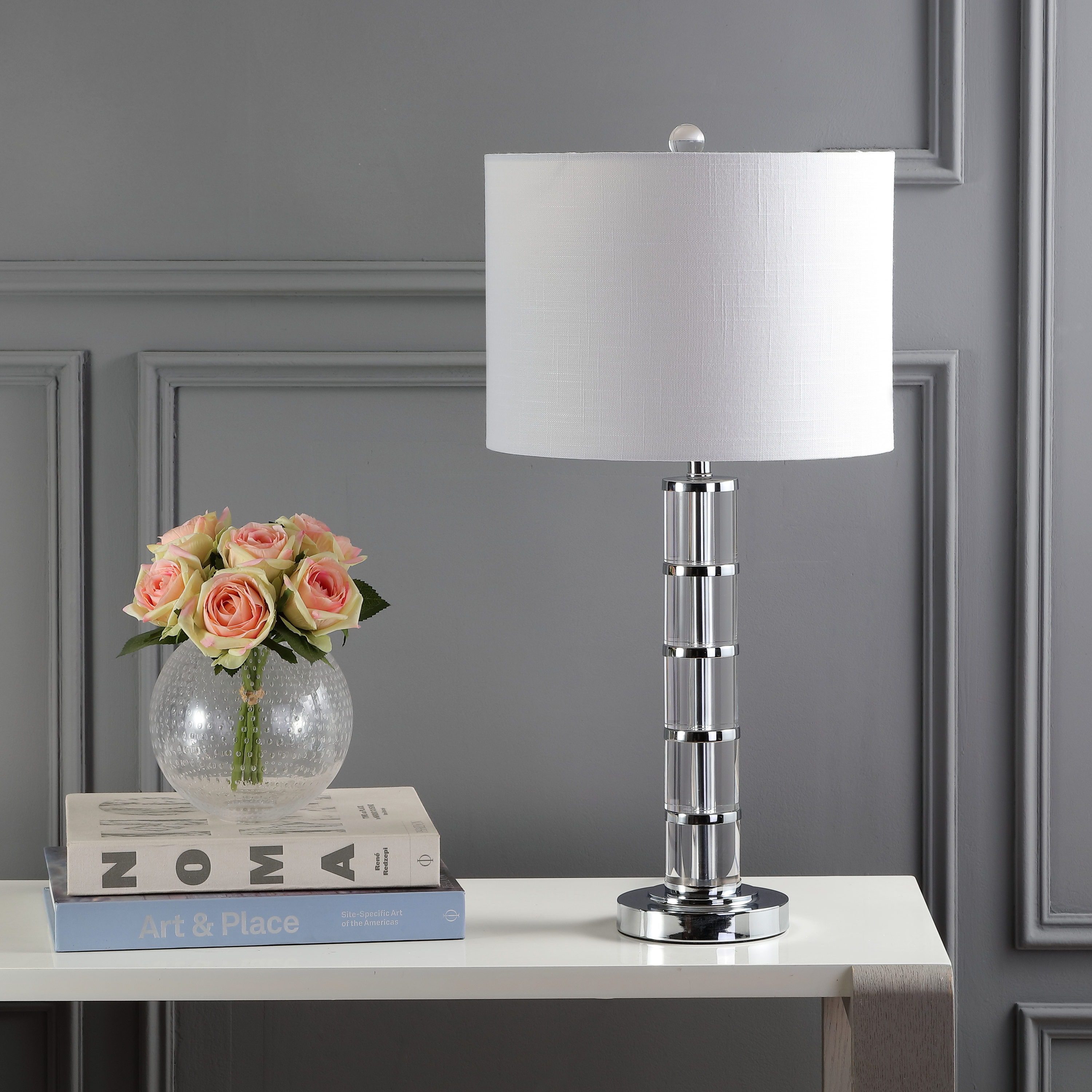 Hailey 26" Antique Crystal & Chrome Table Lamp with White Linen Shade