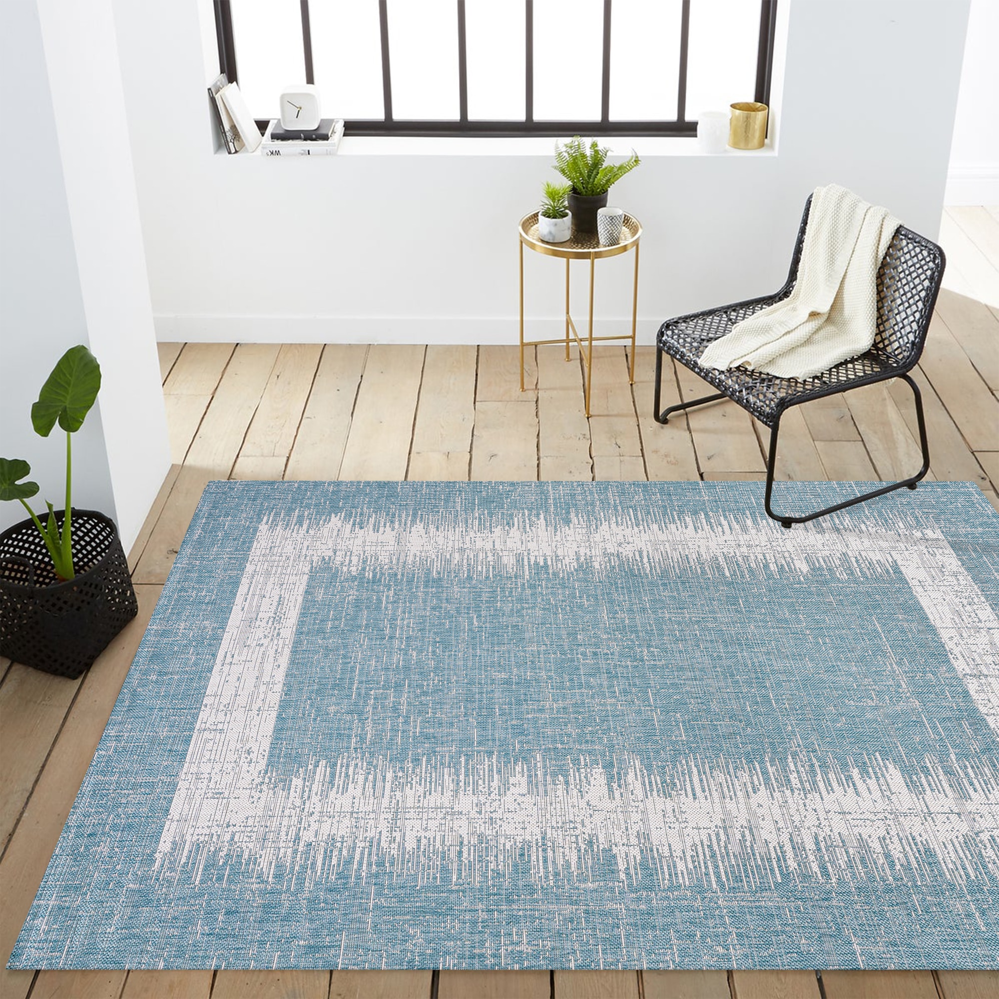 Aqua and Ivory Geometric Synthetic 3' x 5' Indoor/Outdoor Area Rug