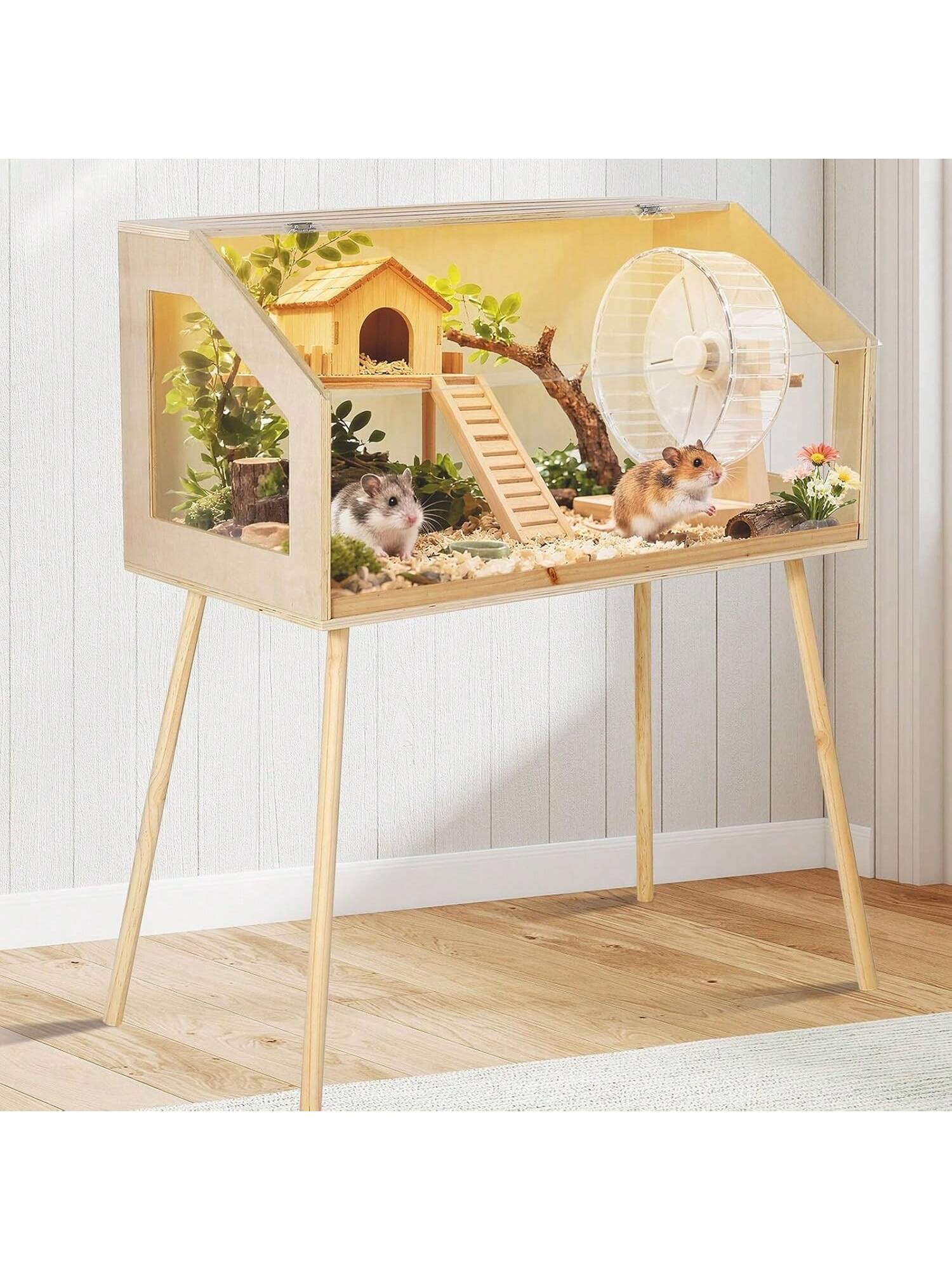 Qeetex BY-PPS-3373AXE3 32inch Hamster Cage With Legs Large Hamster Habitats Enclosure With Acrylic Window and Openable Top Small Animal Cage Chew Proof For Guinea Pig Chinchilla Gerbil