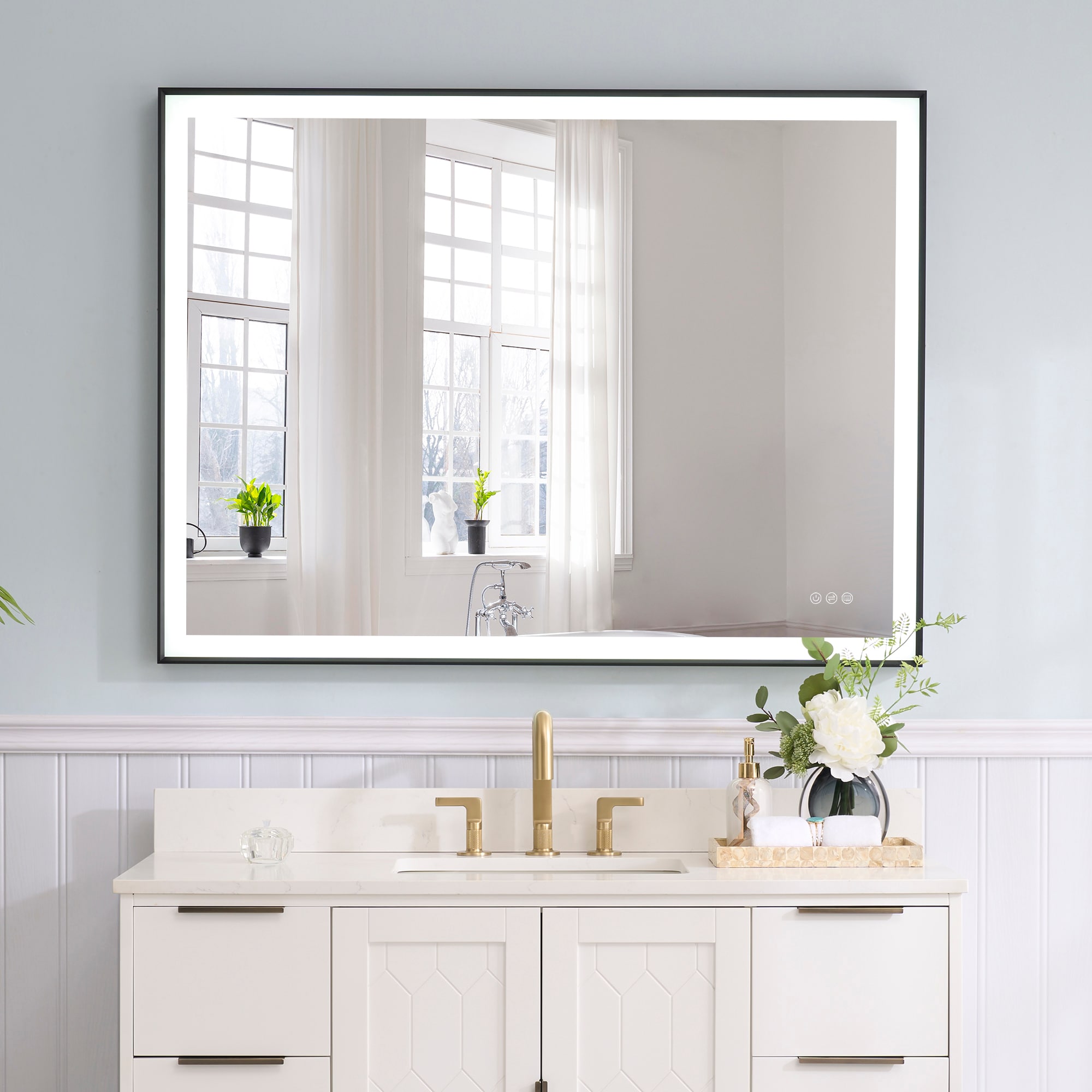 WELLFOR M1FM4836MB Eric 48-Inches x 36-Inches Framed Rectangle Dimmable Lighted Fog Free Bathroom Vanity Mirror ( Matte Black )