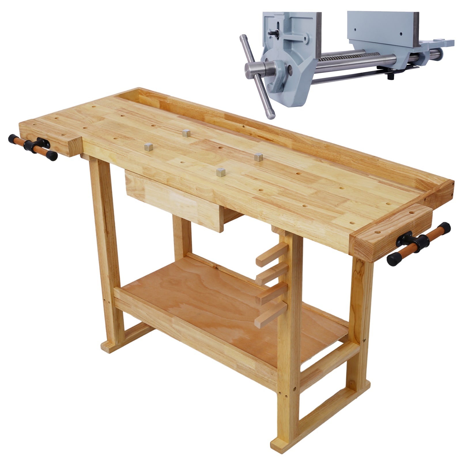 Tatayosi 55-Inch Wood Workbench - Wooden Workbench for Garage Workshop and Home with Rapid Action Woodworking Vise 9 Inch Jaw Width Made with Heavy-Duty Cast Iron GRAY #JLS00122