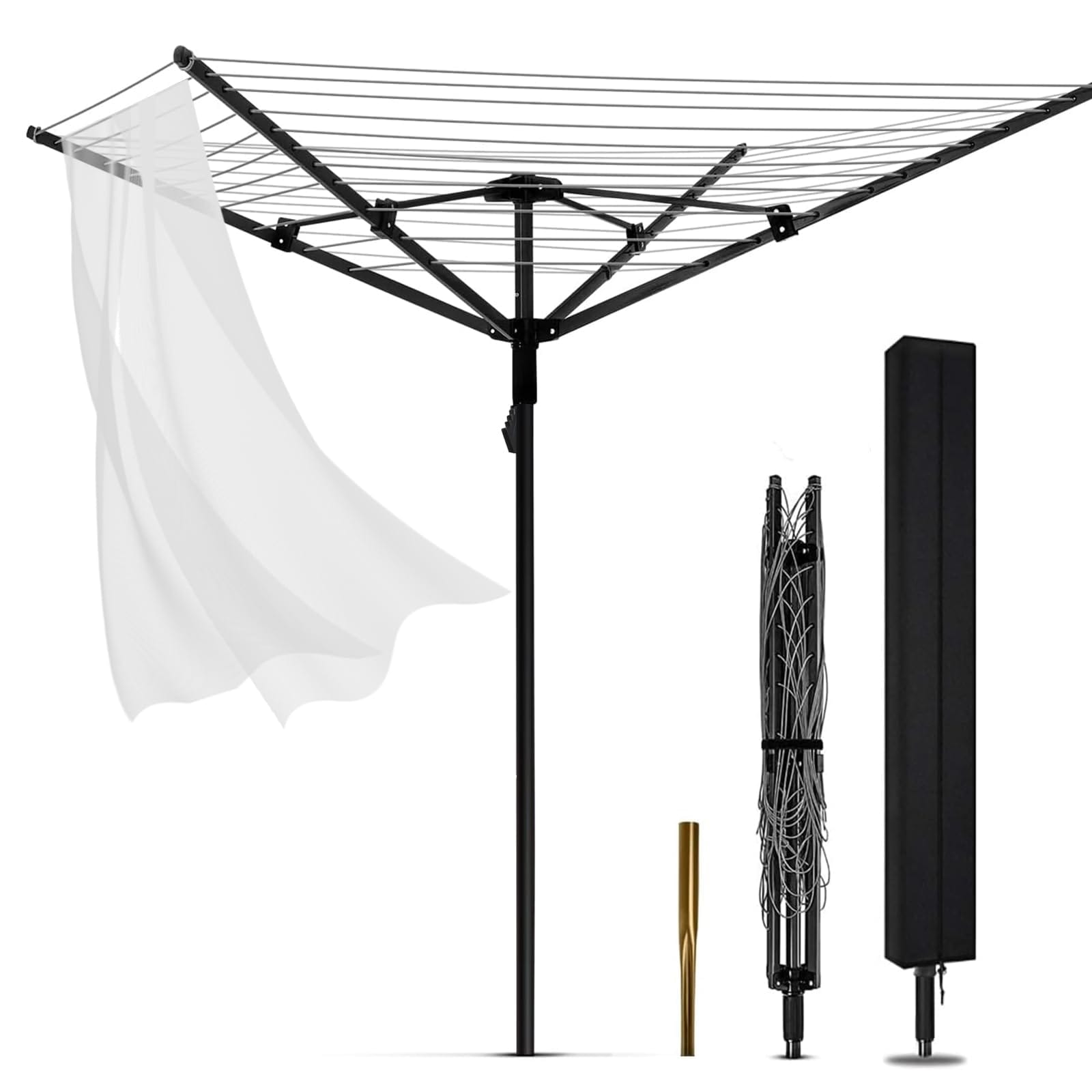 CYIKE Outdoor Umbrella Clothesline Rotary Retractable Drying Rack Adjustable Height Four Arms Twelve Lines Heavy Duty Backyard Clothesline #LCY0820G327