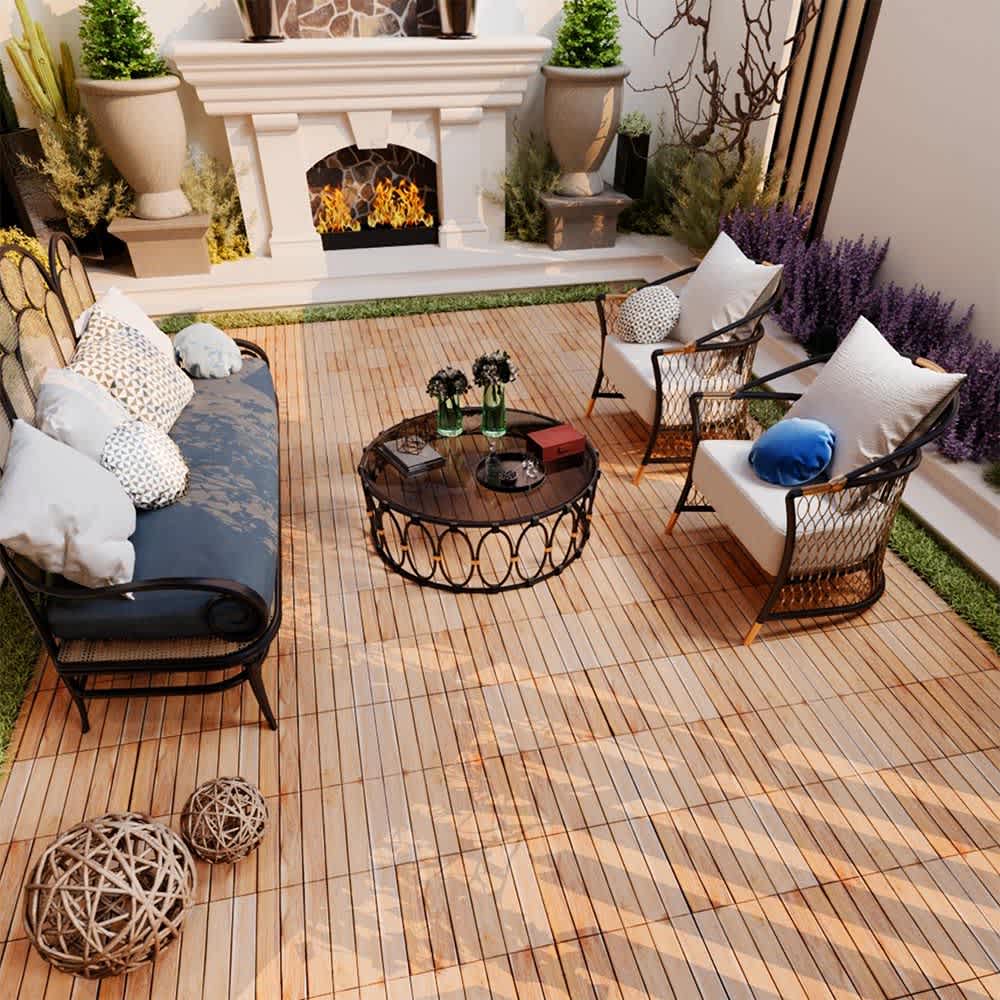 JUJABU Yellow 12Inch x 12Inch 10 PCS Deck Tiles Striped Pattern Square Acacia Hardwood Outdoor Flooring for Patio #DECKTILE-10