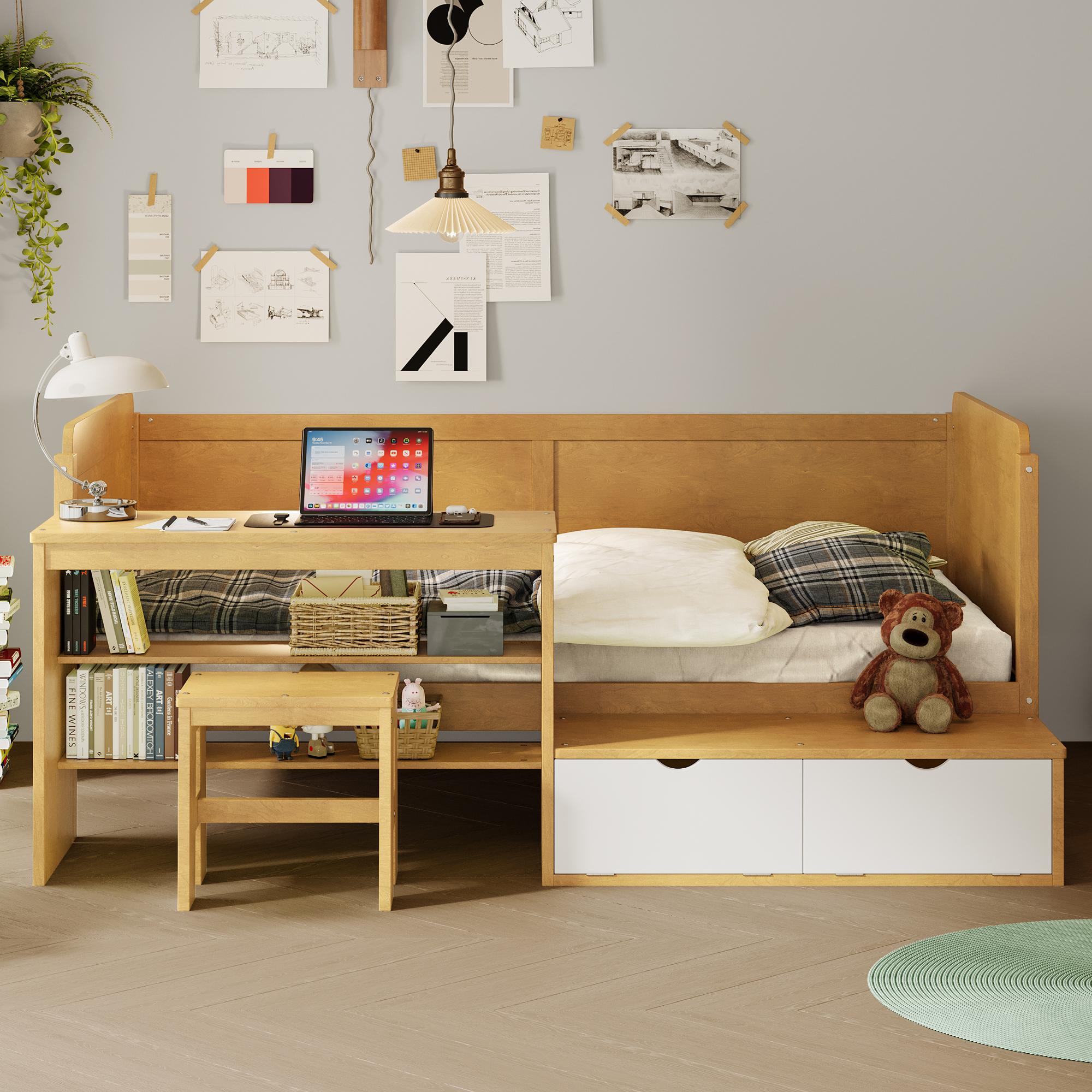 LOVMOR SF-R-N733P240746M Wooden Twin Size Daybed with Storage Shelves and Lockers Multi-functional Bed with Study Desk and Matching Stool Natural