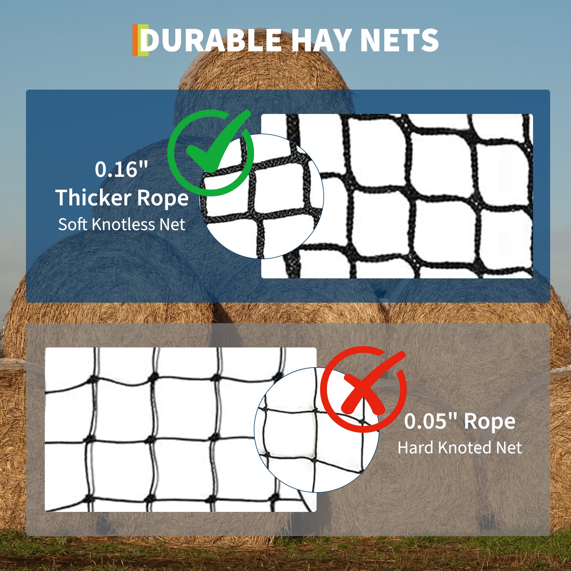 Aoile 6x6 Ft Round Bale Hay Net for Horses Nylon Knotless Slow Feeder ...