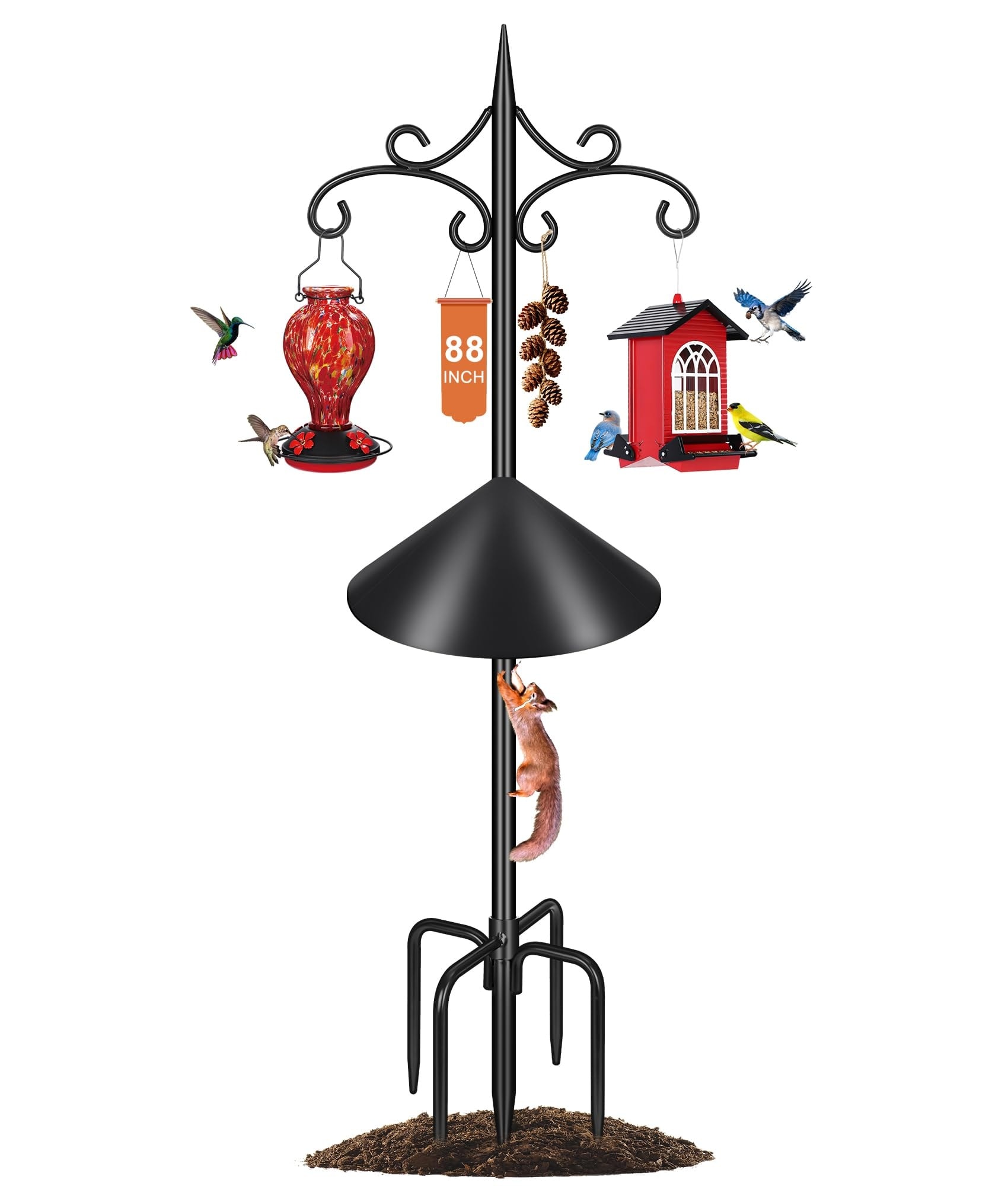 Adrinfly  Heavy Duty 88 Inch Adjustable Double Shepherd Hooks with 5 Prong Base Squirrel Baffle Metal Bird Feeder Pole for Plants 1 Pack