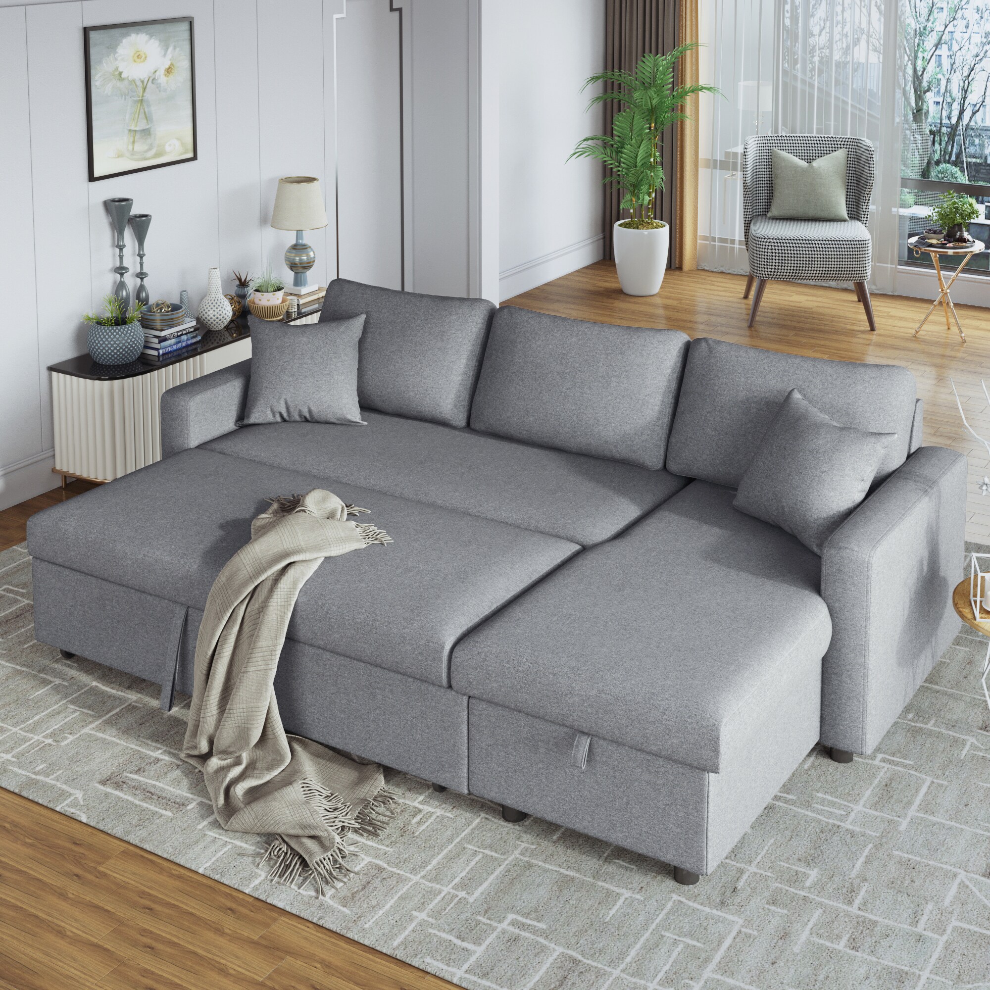 Clihome 87.4-in Modern Gray Polyester/Blend 3-seater Reclining Sleeper ...