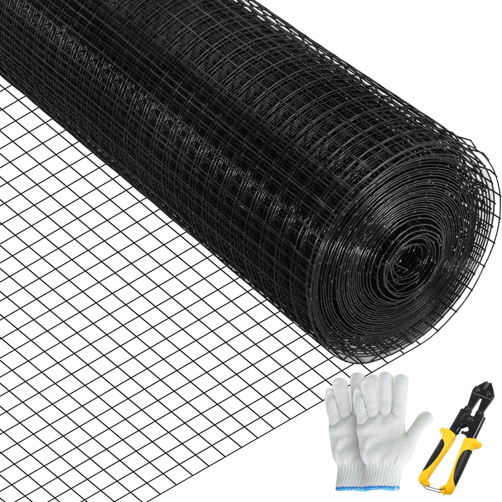 VEVOR Hardware Cloth  24in x50ft and 1inx1in Mesh Size  Galvanized Steel Vinyl Coated 16 Gauge Welded Wire with A Cutting Plier and A Pair of Fabric Gloves  for Garden Fencing and Pet Enclosures  Black