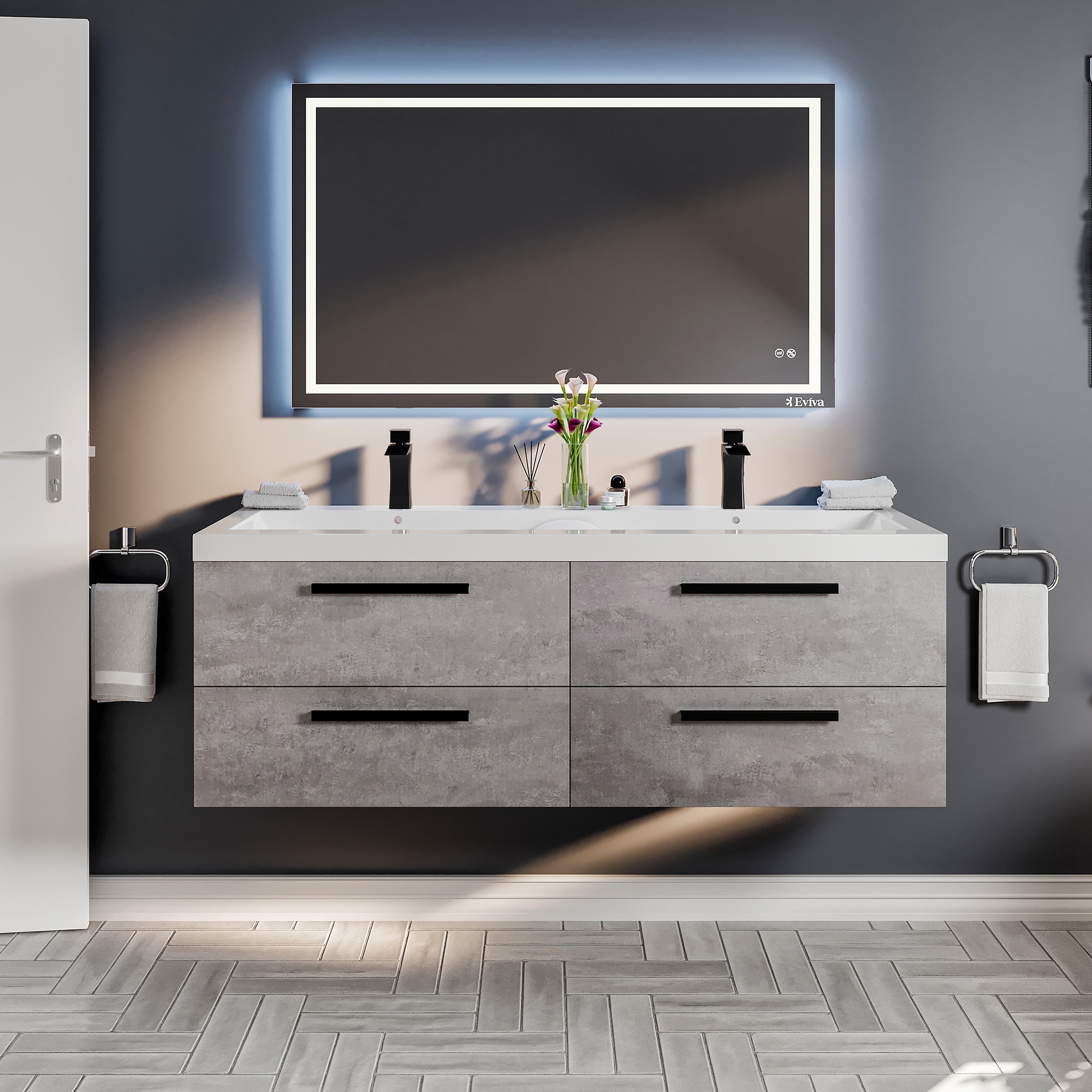 Eviva EVVN144-57CGR Surf 57-in Concrete Gray Double sink Floating Bathroom Vanity with White Acrylic Top