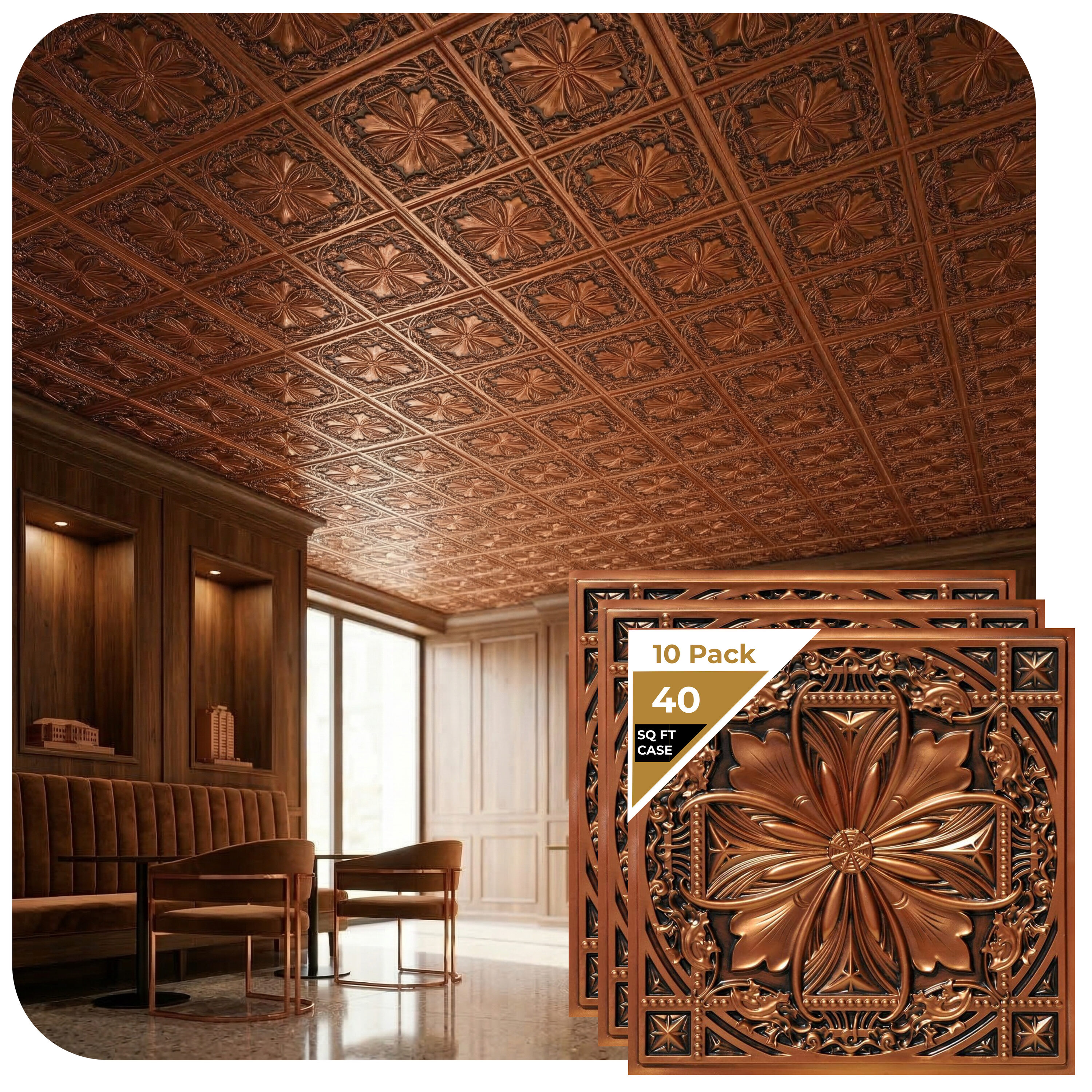From Plain to Beautiful in Hours 2-ft x 2-ft Milan Faux Tin/PVC Antique Copper PVC Surface-mount Ceiling Tile ( 10 -Pack, 40-sq ft / Case ) #DCT10AC-24X24-10