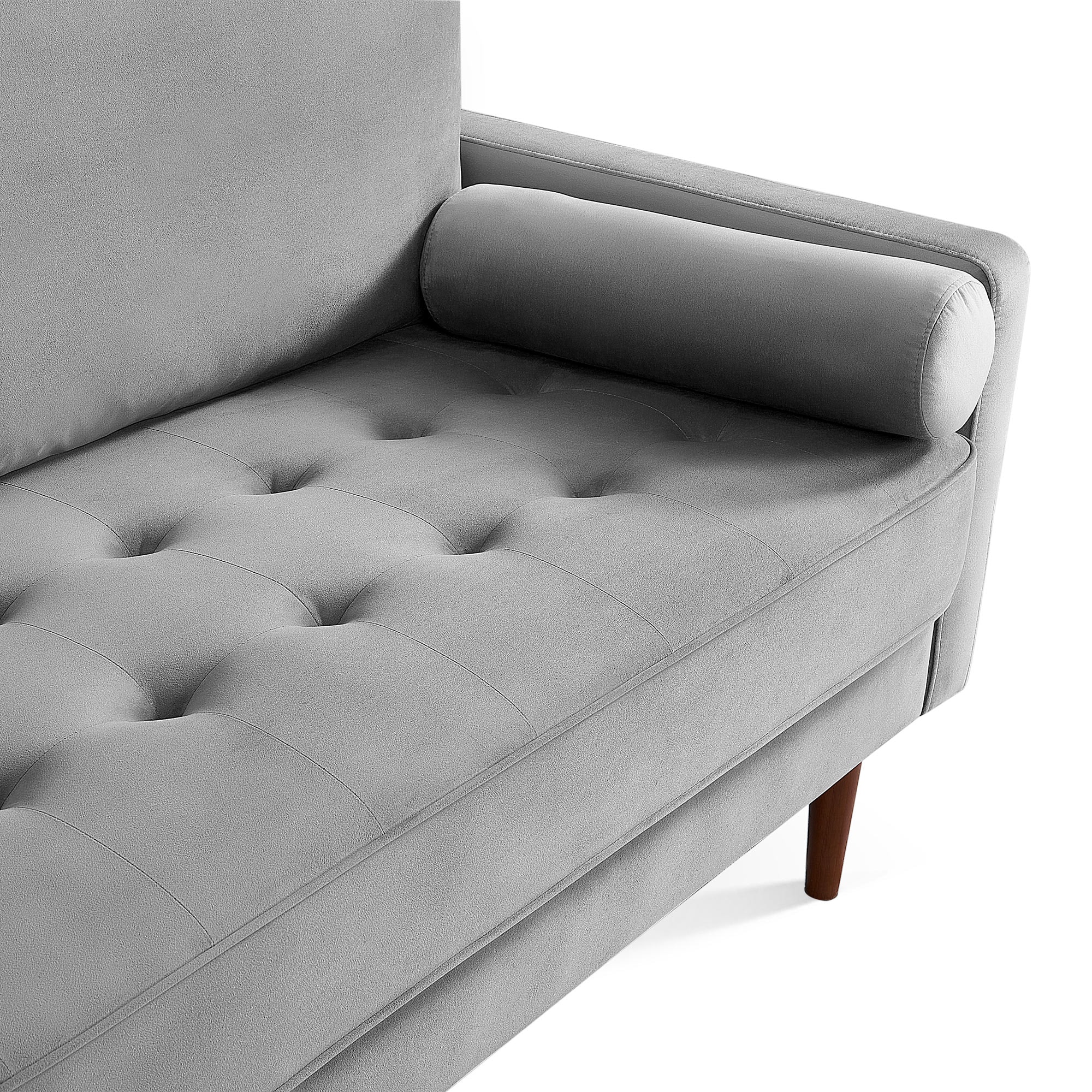 69 Inch Grey Velvet Sofa with Wood Legs and Bolster Pillows