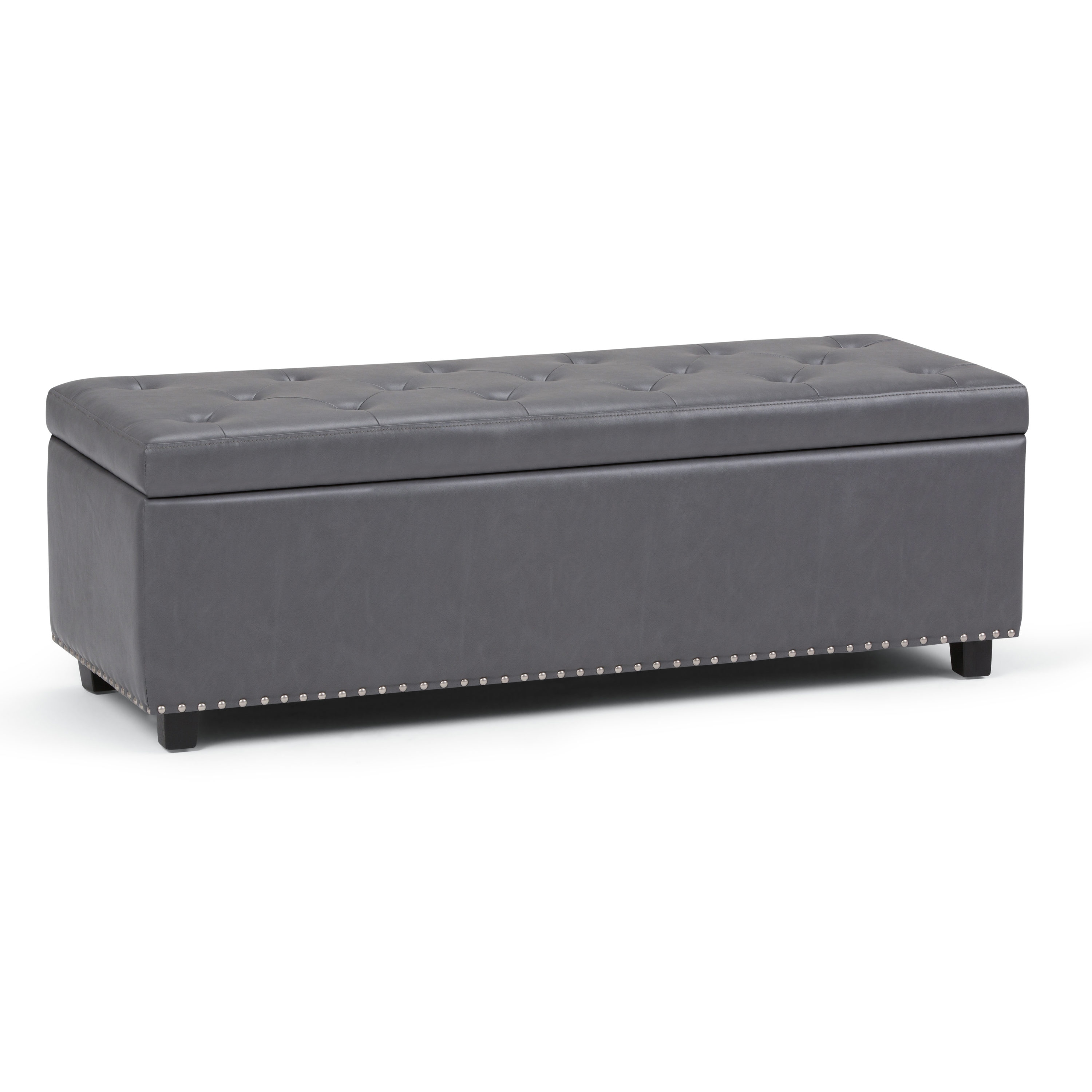 Elegant Stone Gray 48" Wooden Storage Bench Ottoman with Nailhead Trim