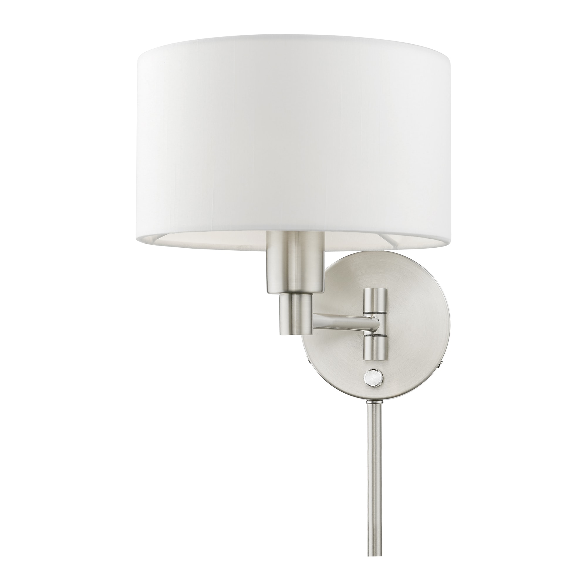 Transitional Brushed Nickel Swing Arm Wall Lamp with Off-White Shade