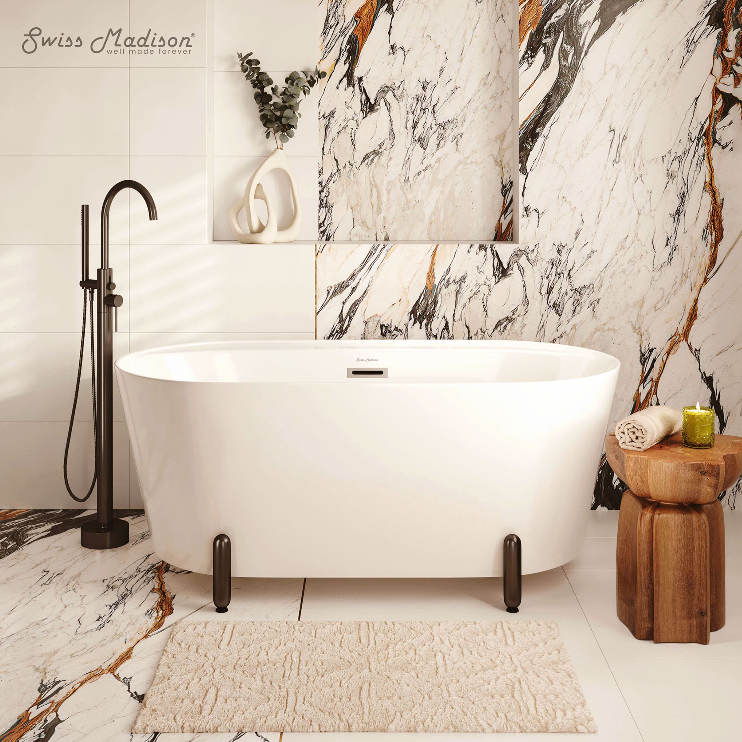 Swiss Madison SM-25-FBTRO02MB 59-in x 30.5-in White/Glossy Acrylic Rectangle Freestanding Soaking Bathtub with Faucet with Drain ( Center Drain )