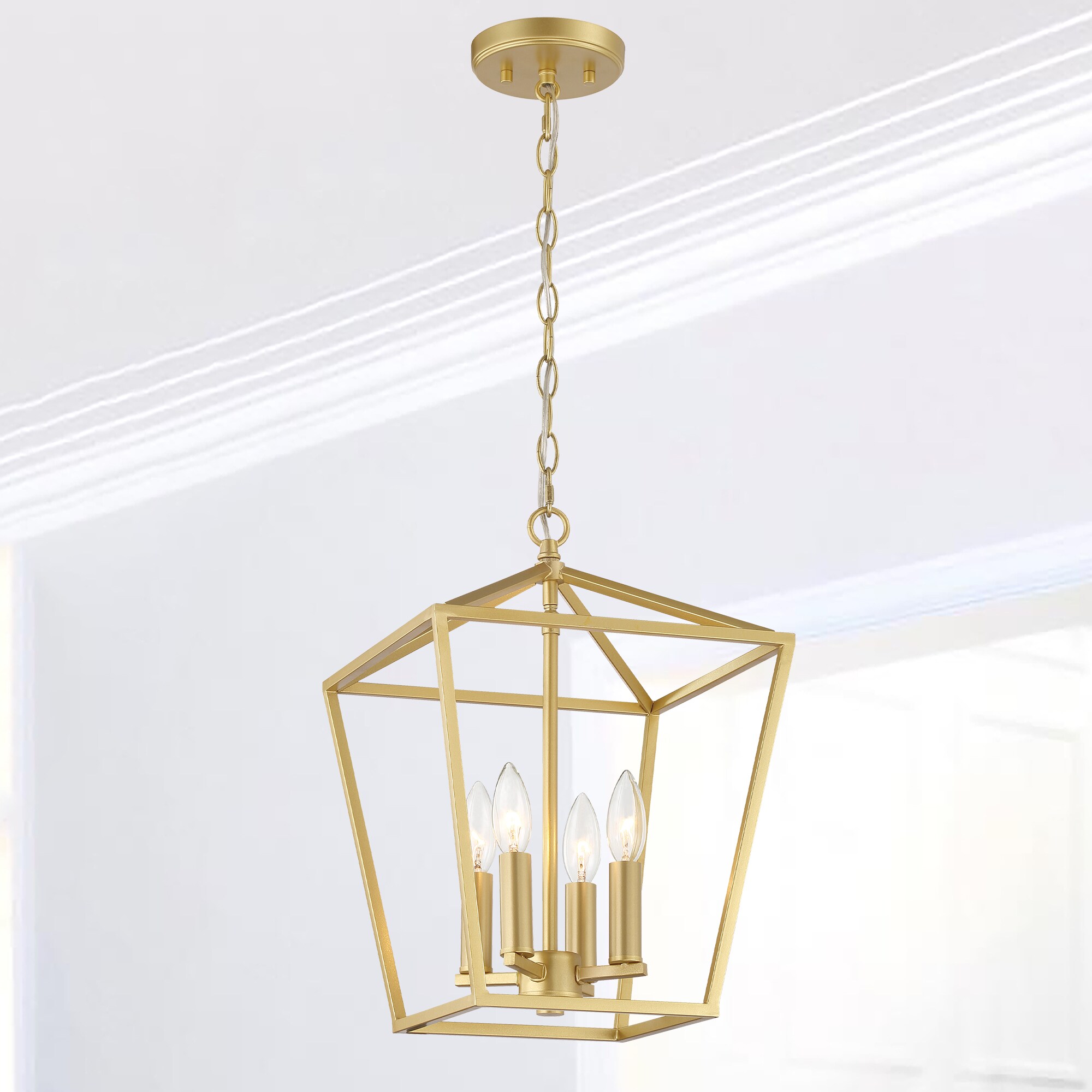 Satin Brass Geometric Lantern Chandelier with Candle-Style Lights